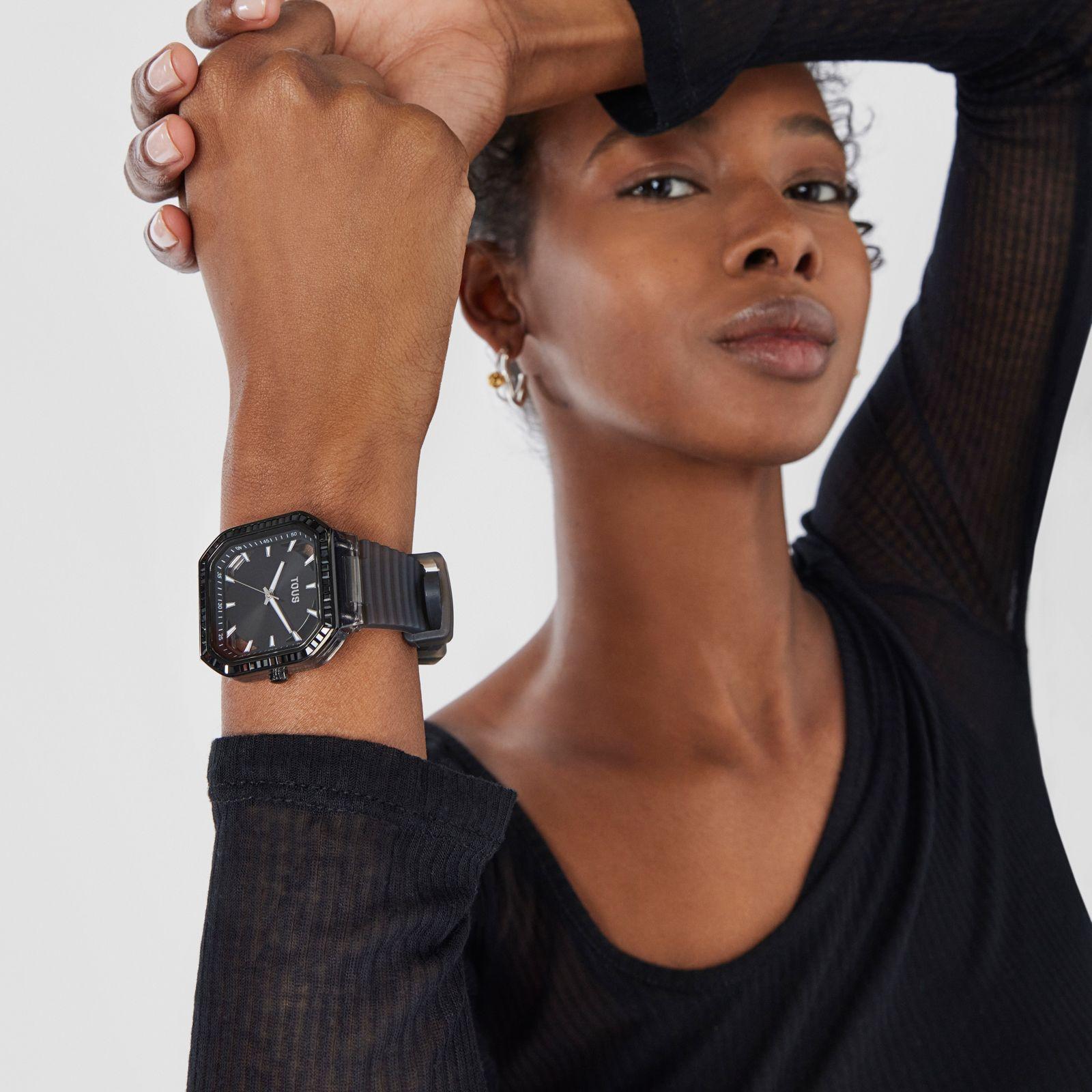 Reloj analógico de acero IP negro con zirconitas Gleam Fresh-3