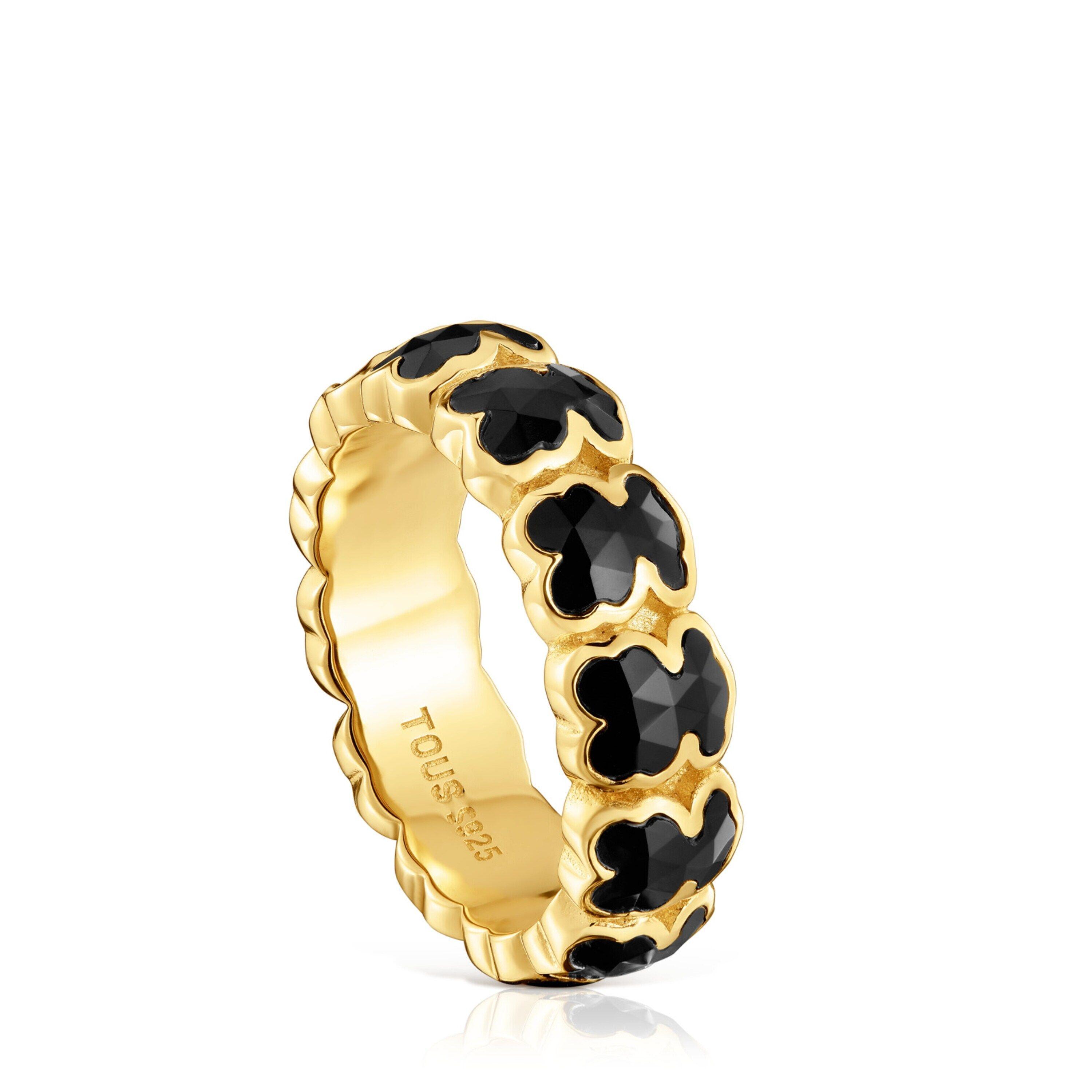 Anillo mediano baño de oro 18 kt sobre plata y osos en ónix-0