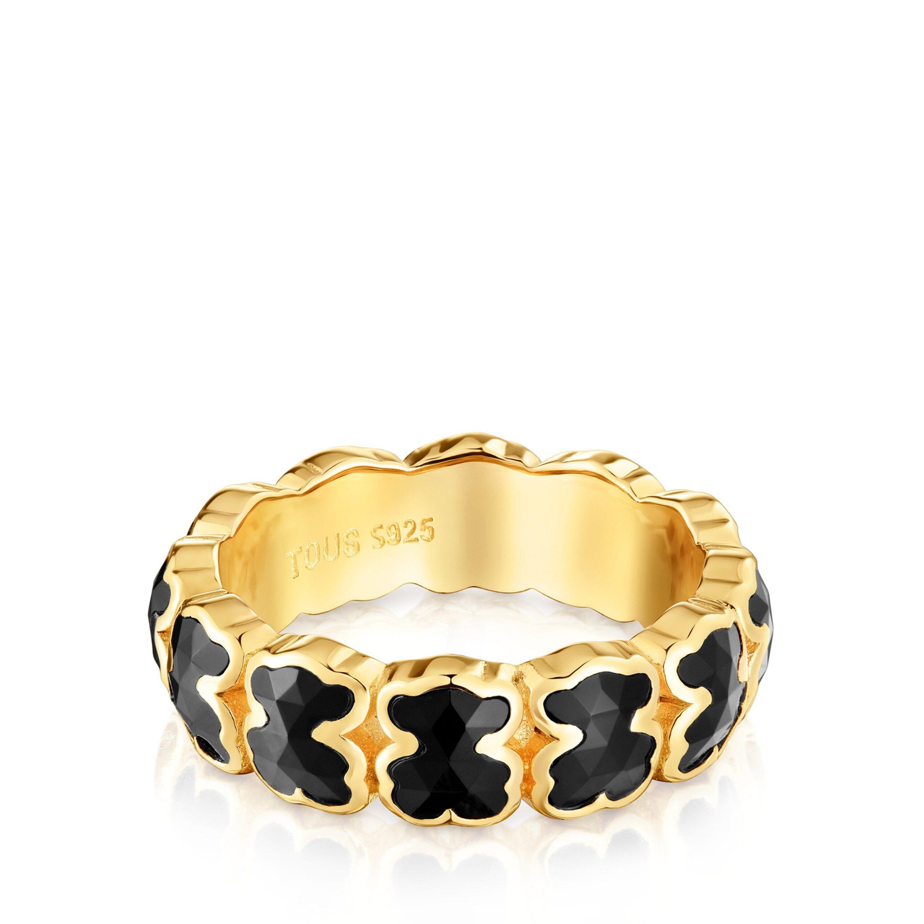 Anillo mediano baño de oro 18 kt sobre plata y osos en ónix-1