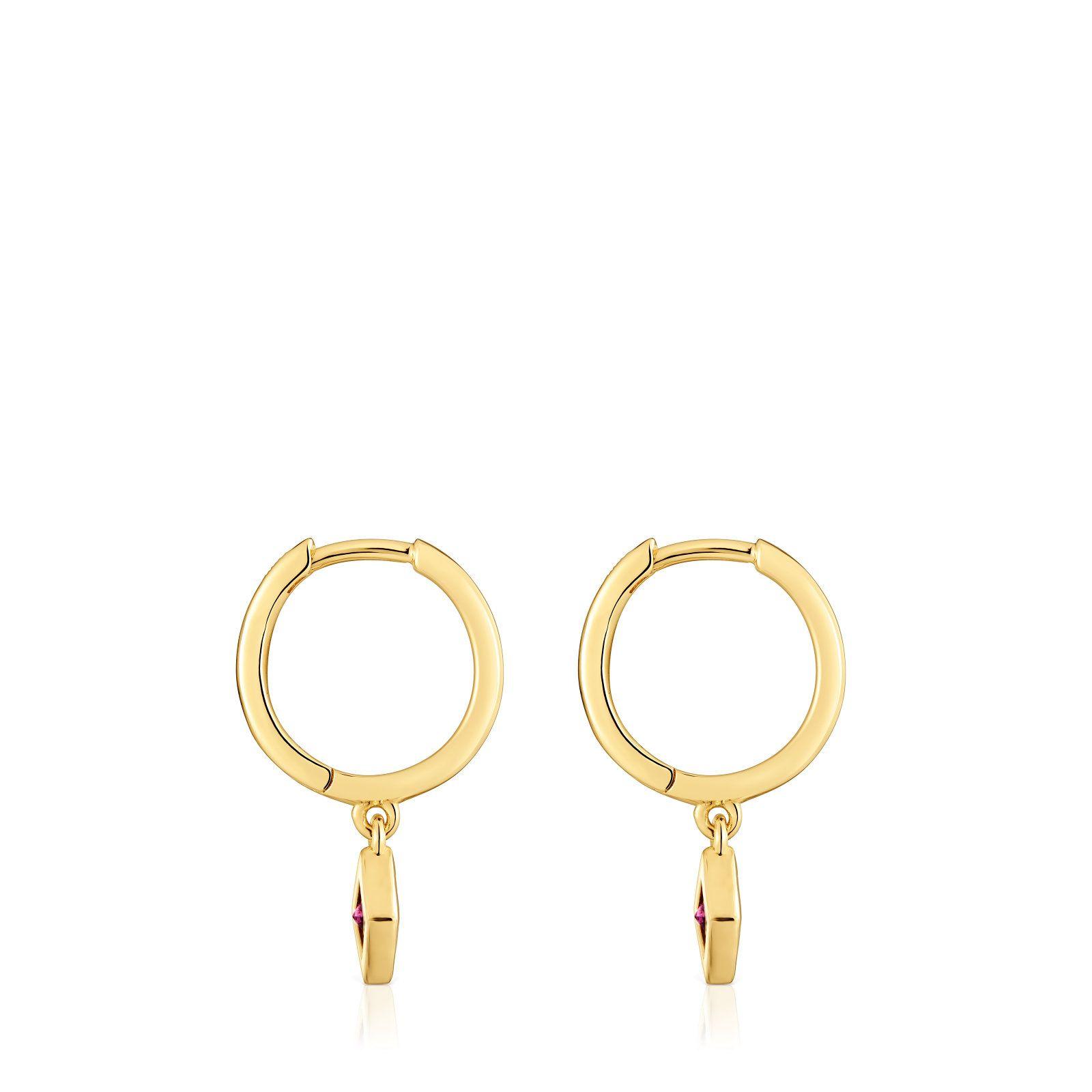 Pendientes aro cortos con baño de oro 18 kt sobre plata y detalle rodolita Basic Colors-1