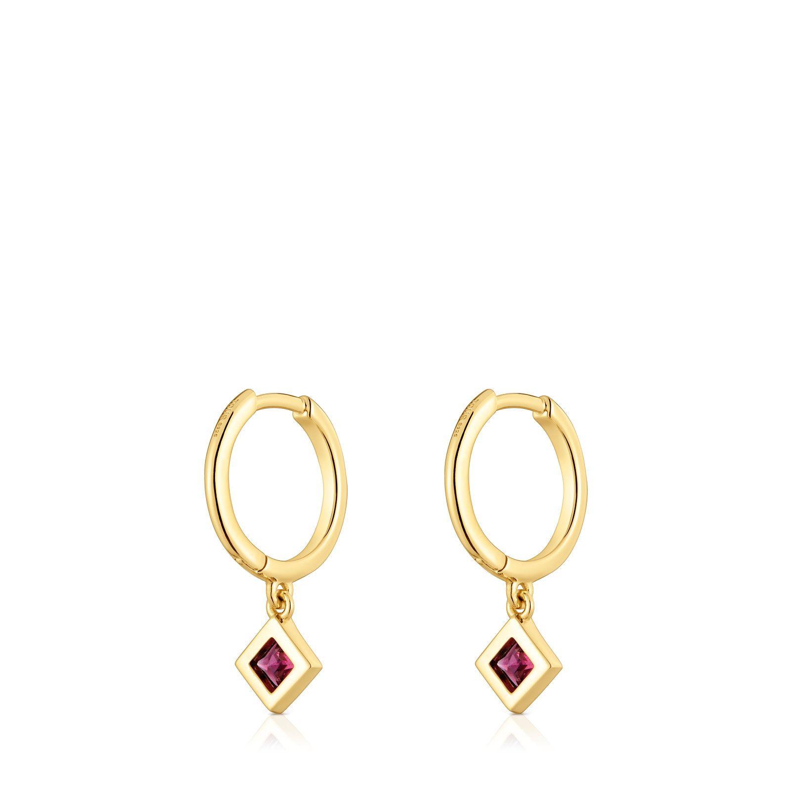Pendientes aro cortos con baño de oro 18 kt sobre plata y detalle rodolita Basic Colors-2