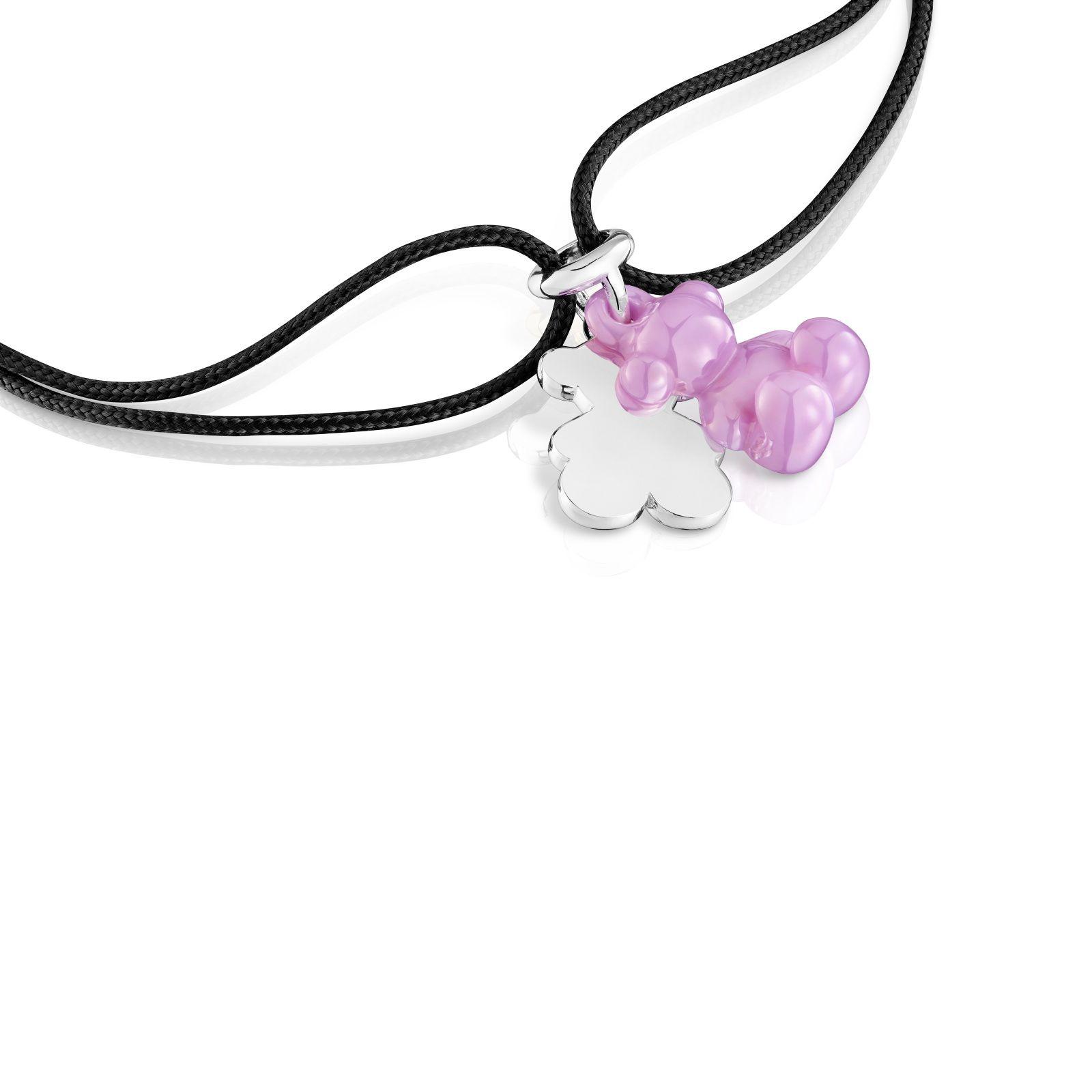 Pulsera doble oso plata, cerámica lila y nylon negro-2
