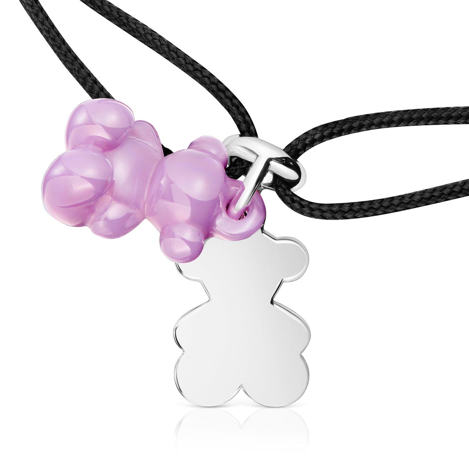 Pulsera doble oso plata, cerámica lila y nylon negro-3