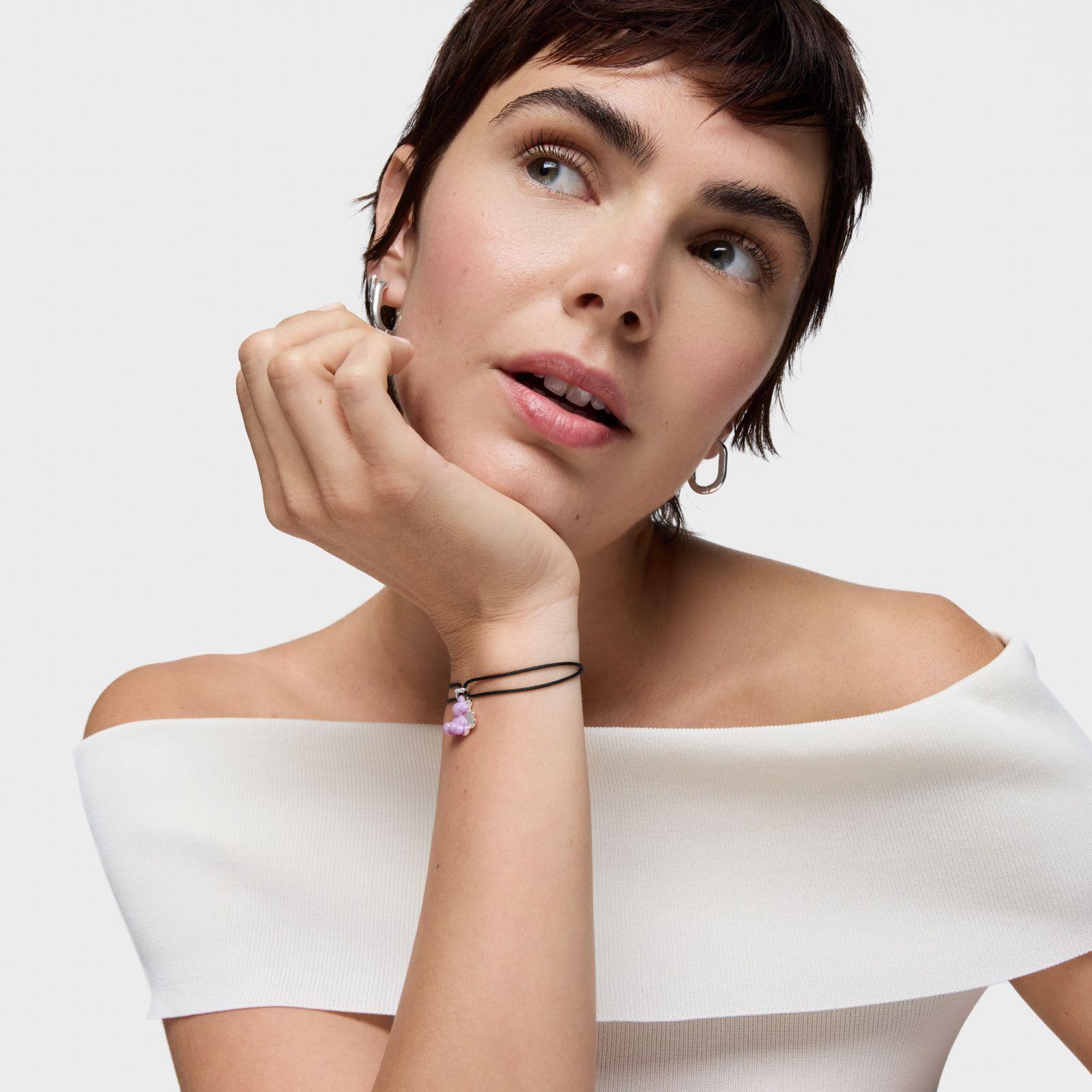 Pulsera doble oso plata, cerámica lila y nylon negro-4