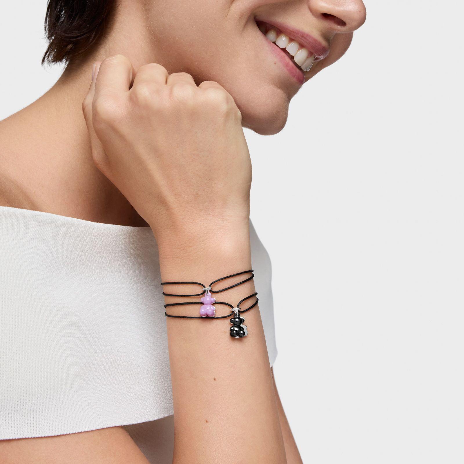 Pulsera doble oso plata, cerámica lila y nylon negro-5
