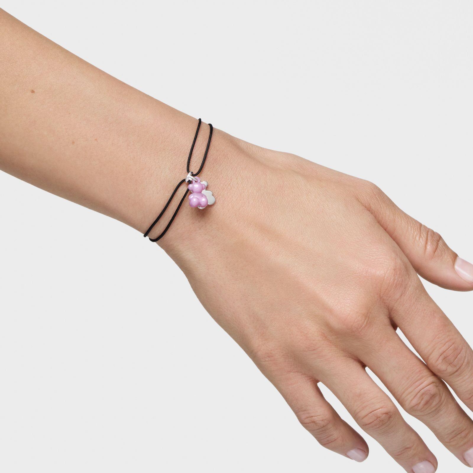 Pulsera doble oso plata, cerámica lila y nylon negro-6