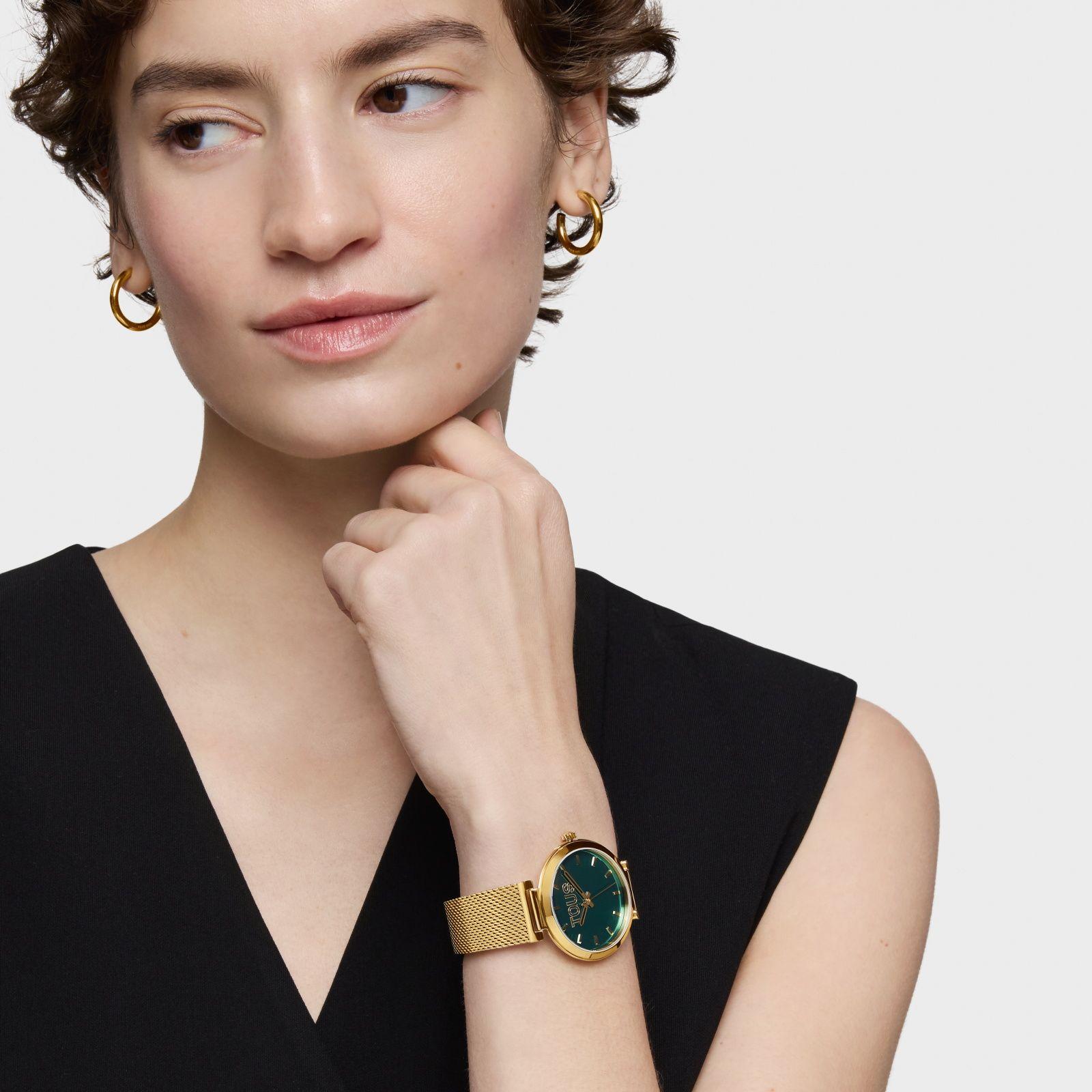 Reloj analógico con esfera verde y brazalete dorado S-Mesh Mirror-3