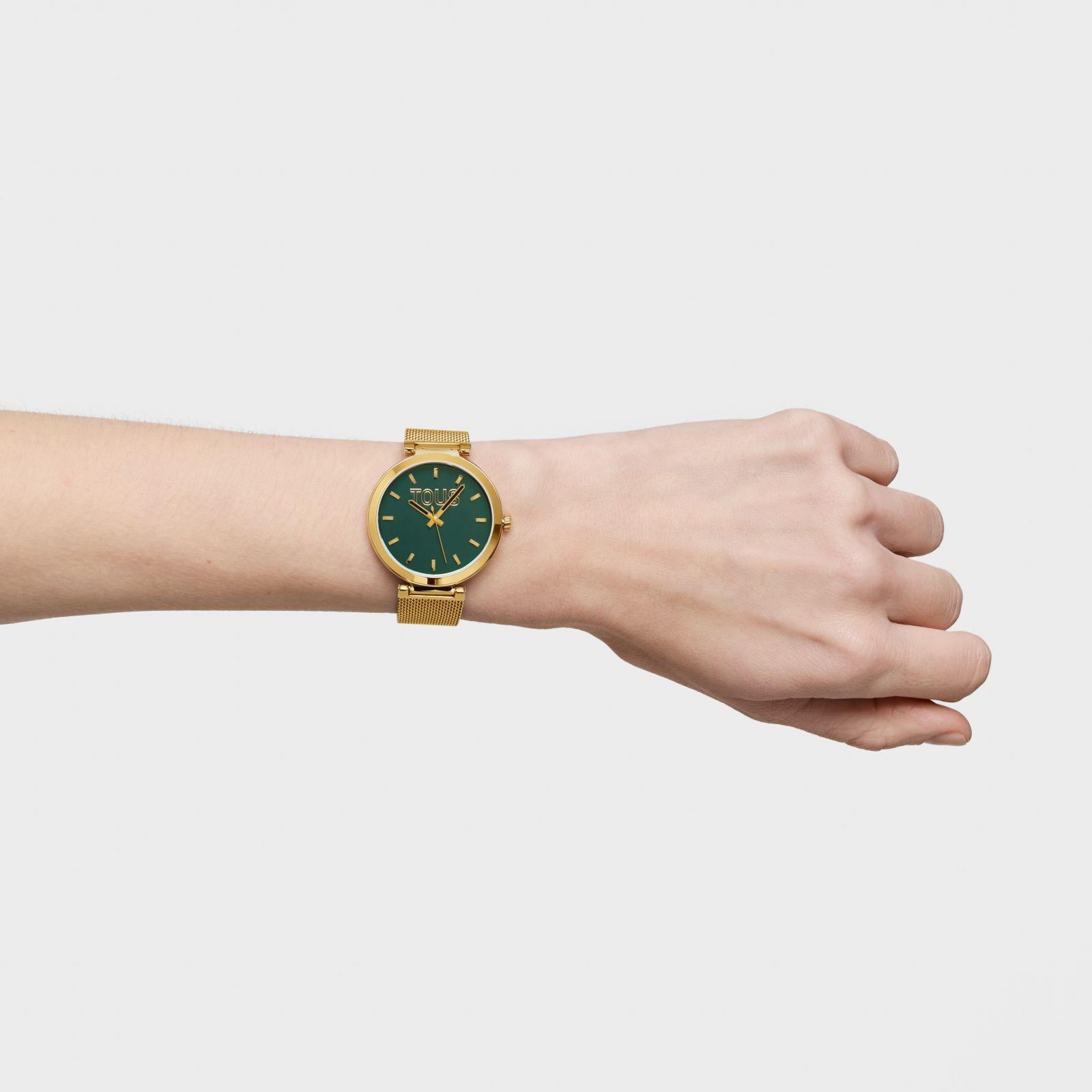 Reloj analógico con esfera verde y brazalete dorado S-Mesh Mirror-4