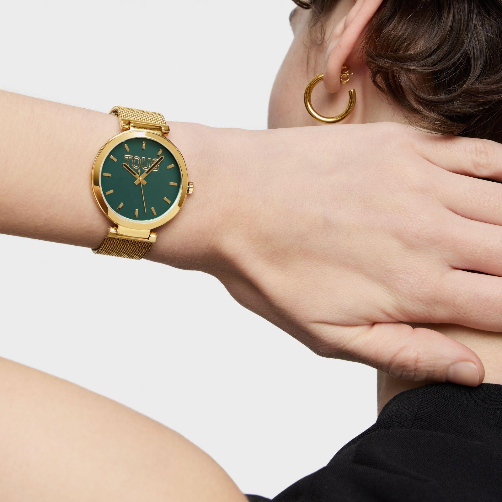 Reloj analógico con esfera verde y brazalete dorado S-Mesh Mirror-7