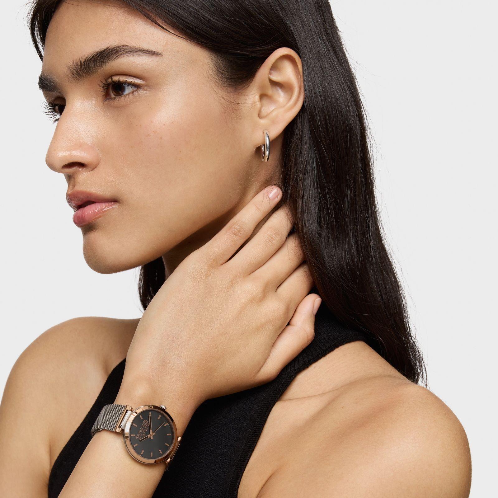 Reloj analógico esfera marrón con brazalete acero bicolor-4