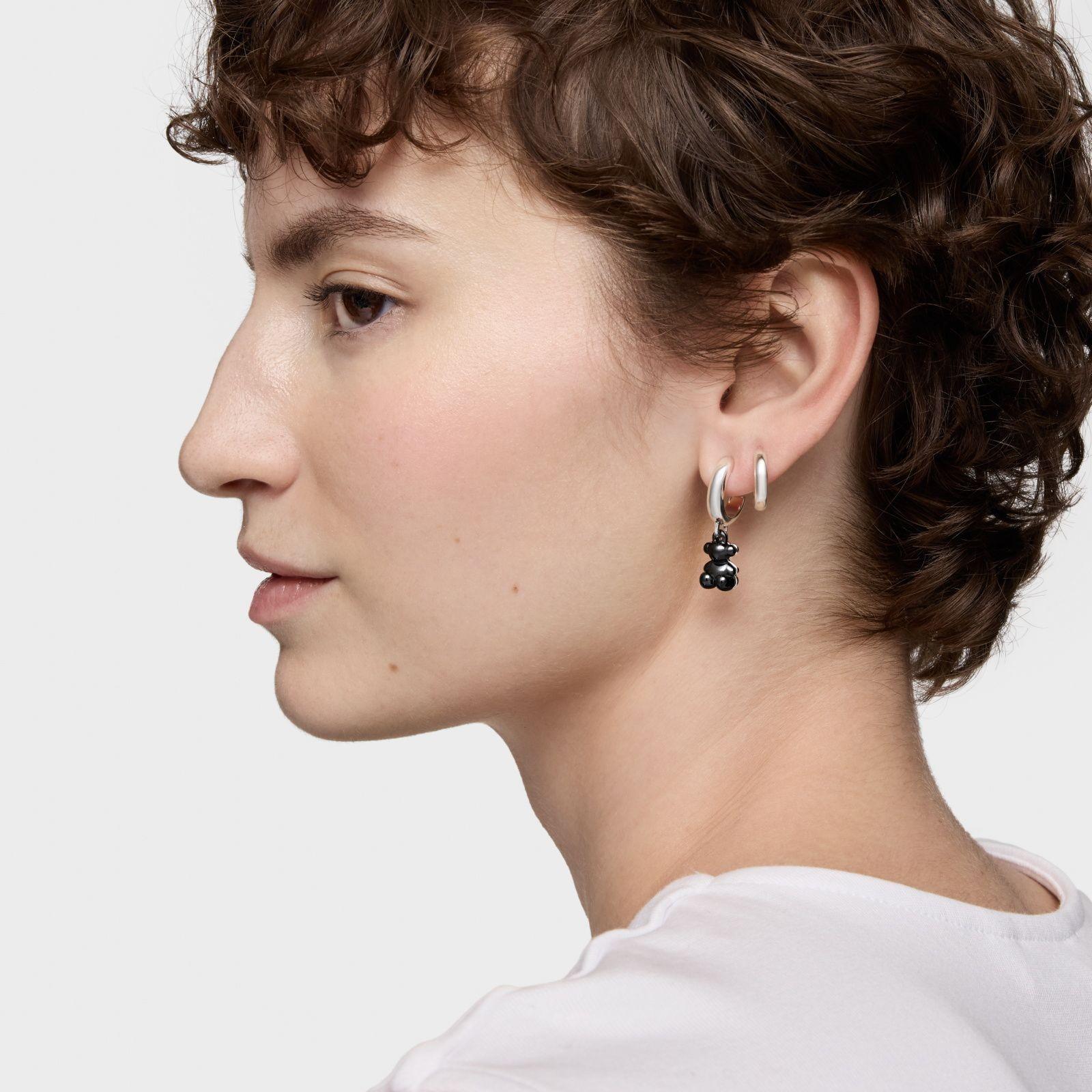 Aros aro de plata con cerámica negra y doble oso Bold Bear-4