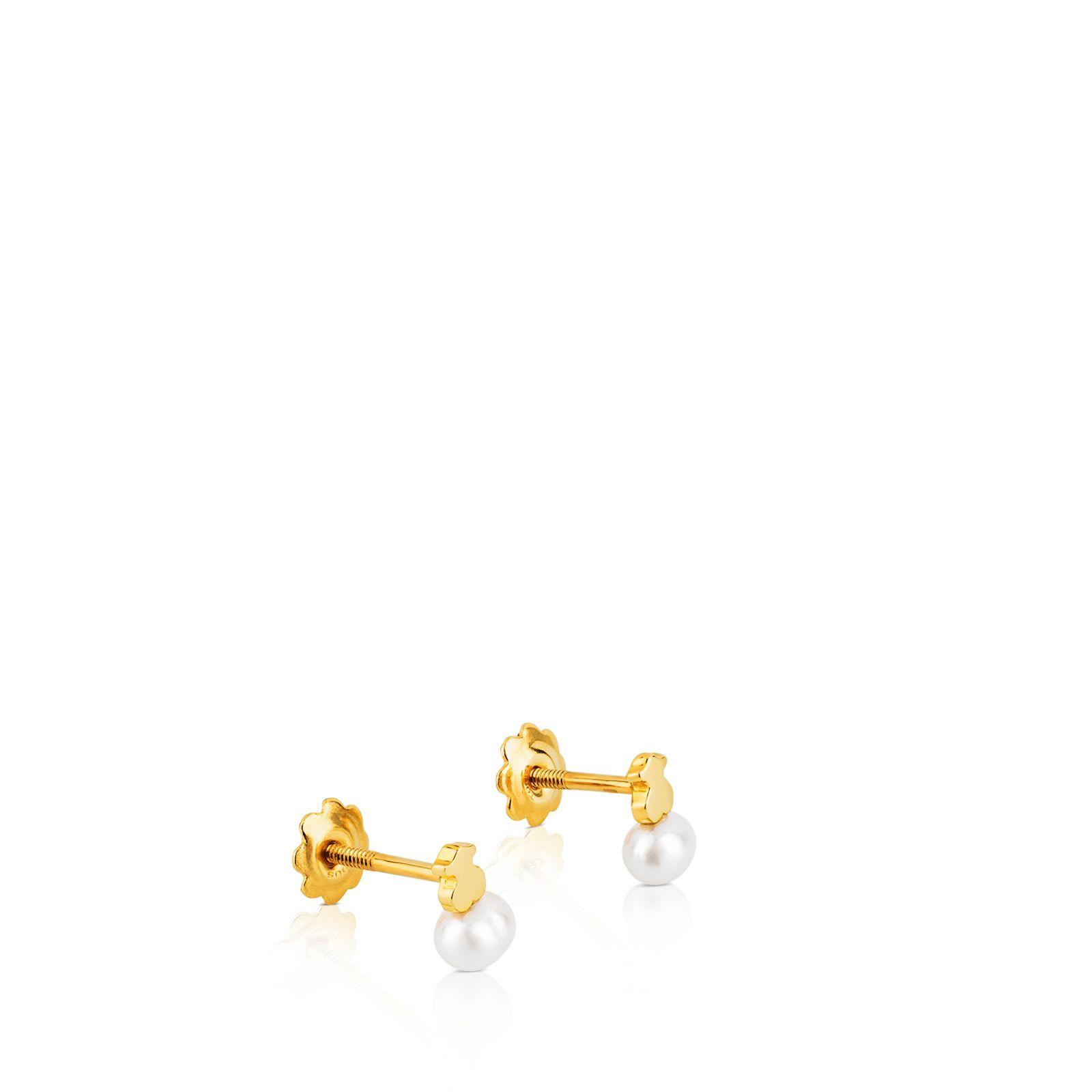 Aros de oro motivo oso con perla cultivada Puppies-3