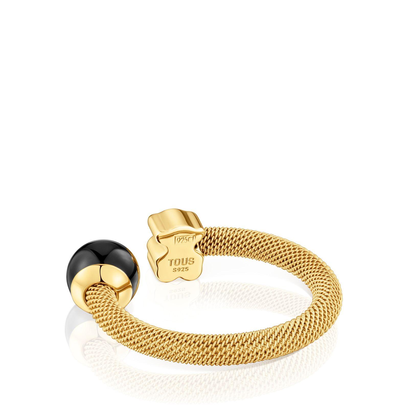 Anillo abierto de acero dorado y ónix Icon Mesh-2