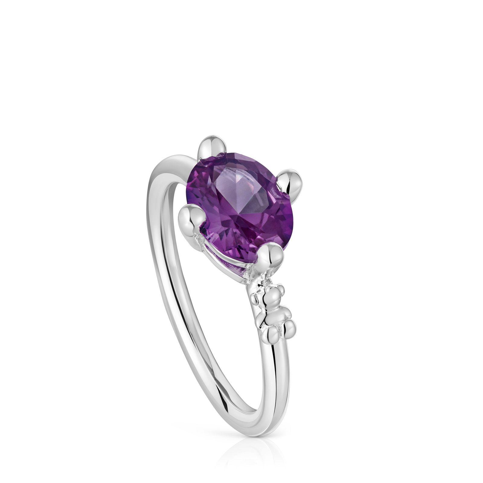 Anillo pequeño de plata y zafiro lila creado en laboratorio-0