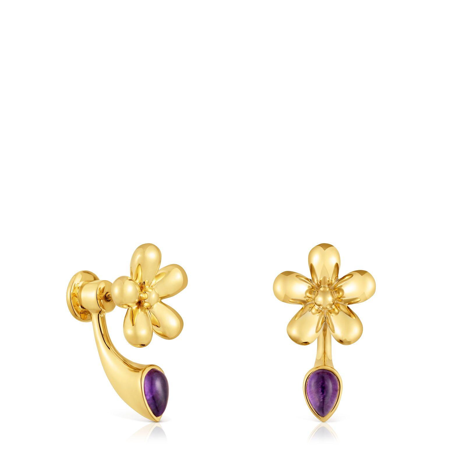 Aros flor con baño de oro de 18 kt plata y amatista Daisy-0
