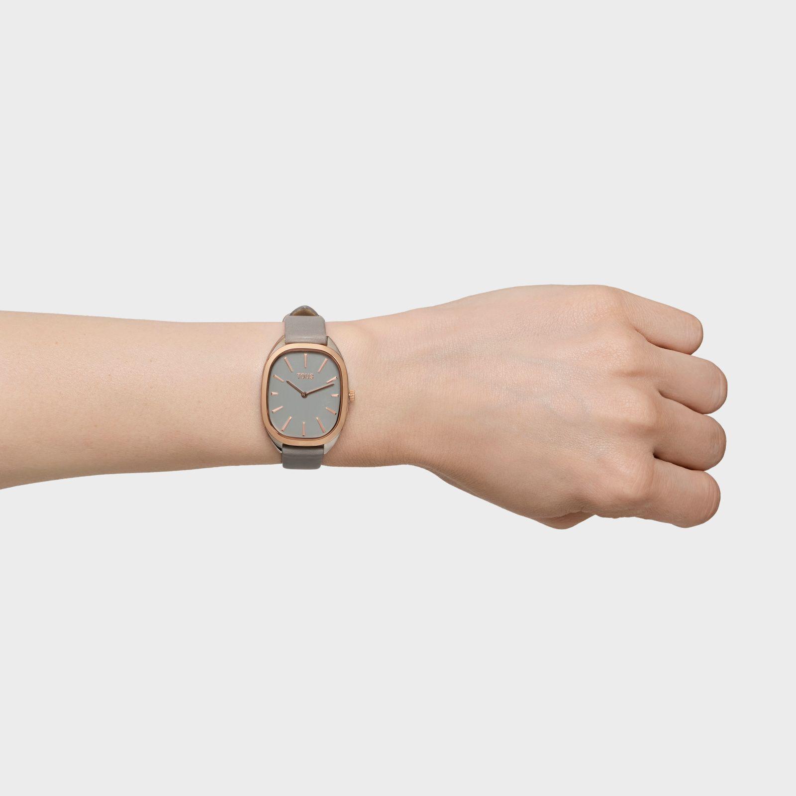 Reloj analógico de acero IPRG rosa con correa de piel gris Heritage-6
