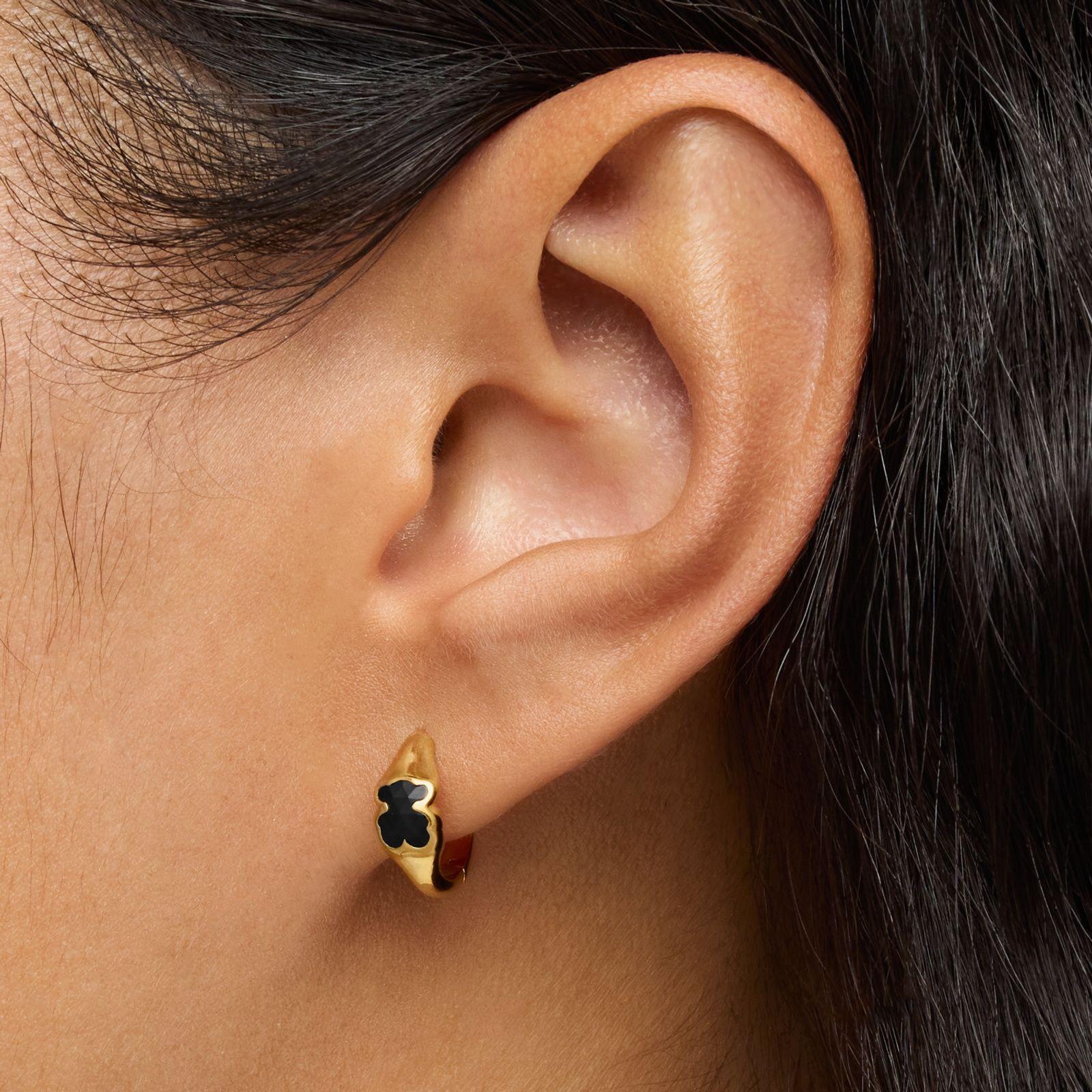 Aros de aro con baño de oro 18 kt sobre plata y motivo oso en ónix 10 mm Icon Color-5