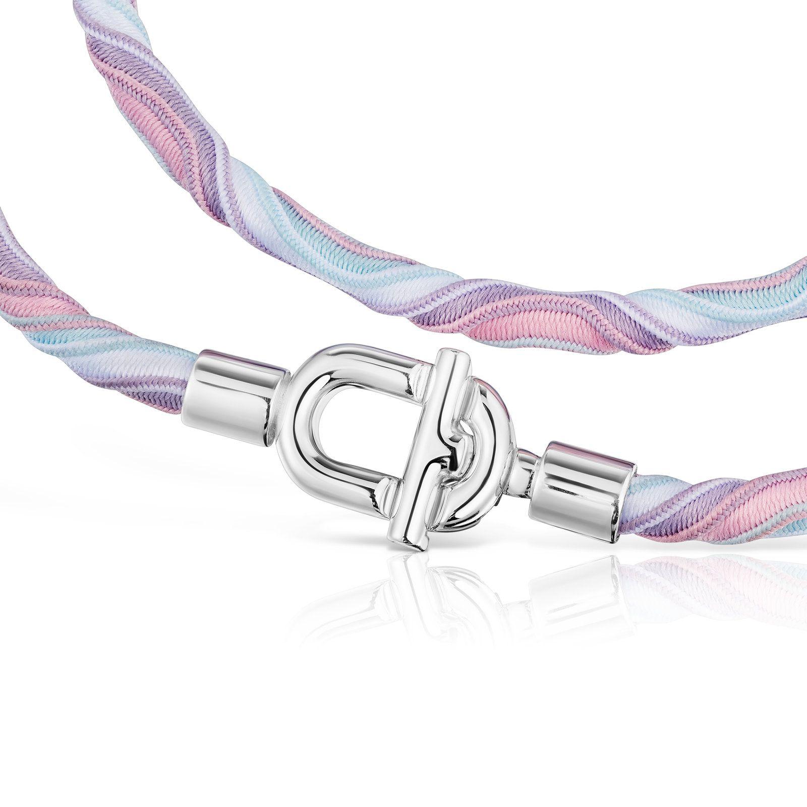 Collar elástico de plata con cordón rosa y azul-2