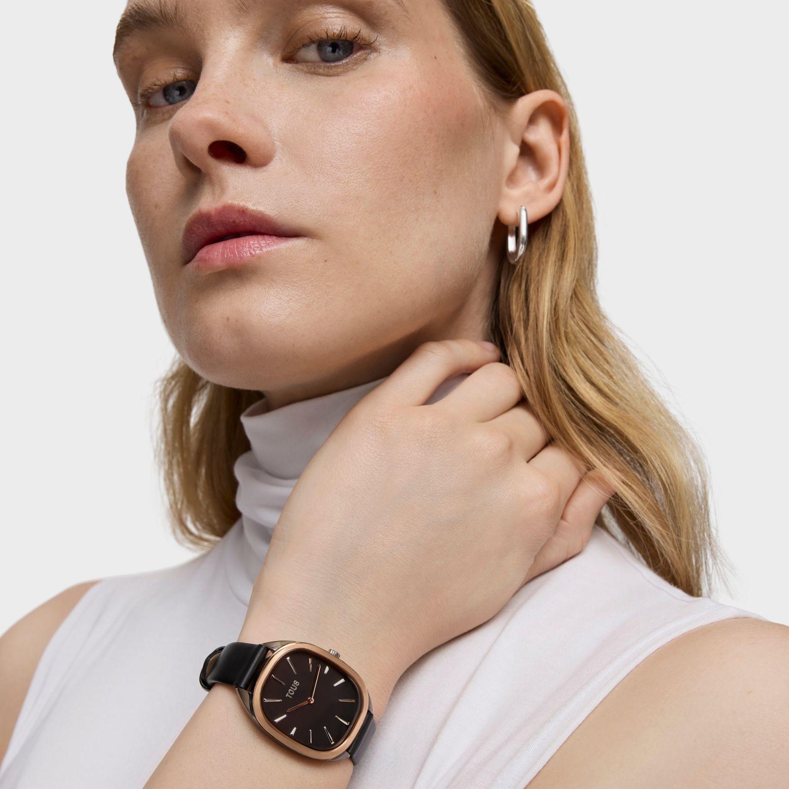 Reloj analógico de acero IPRG rosa con correa de piel negra Heritage-3