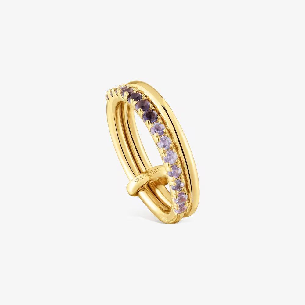 Anillo doble con baño de oro 18 kt sobre plata y gemas Straight-0