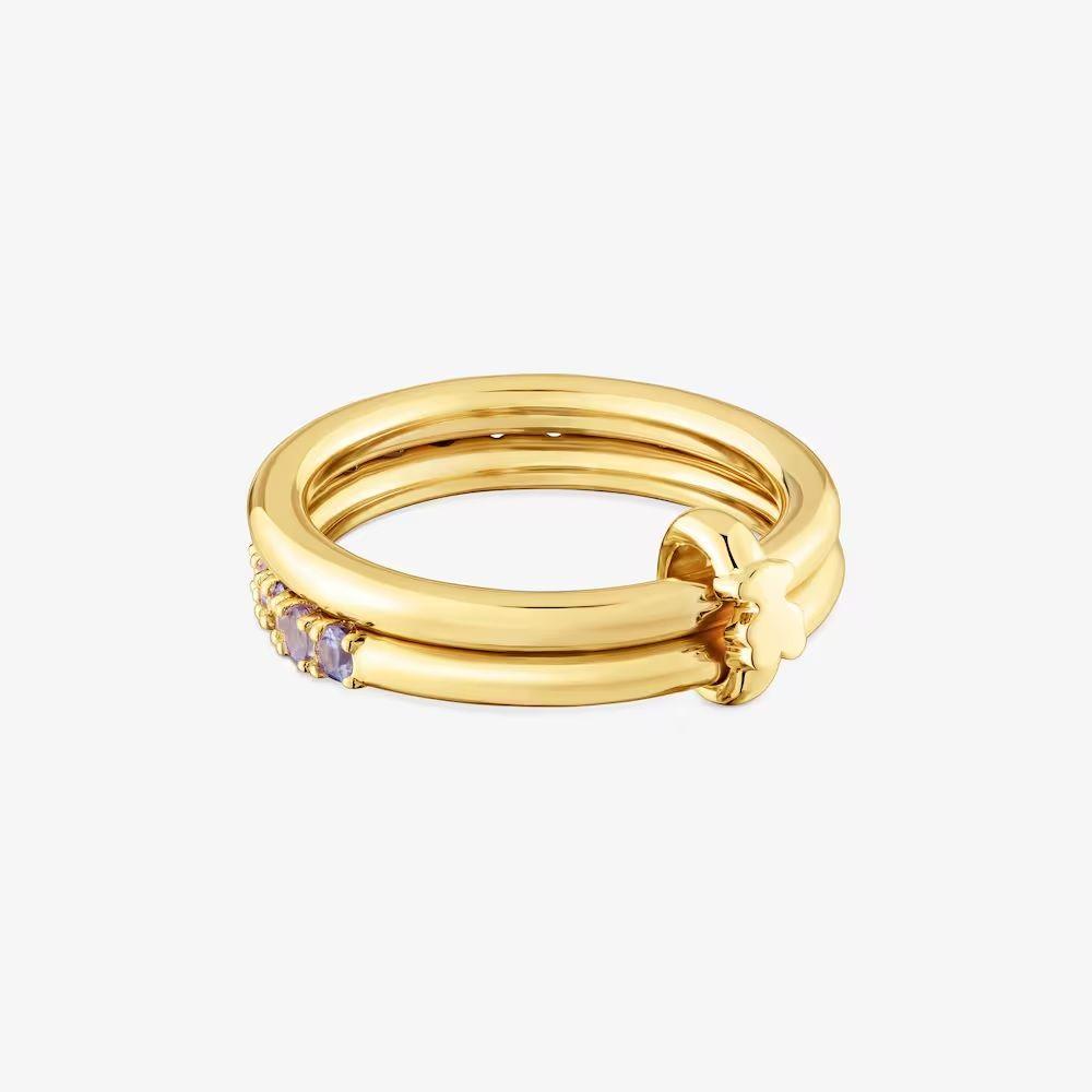 Anillo doble con baño de oro 18 kt sobre plata y gemas Straight-1