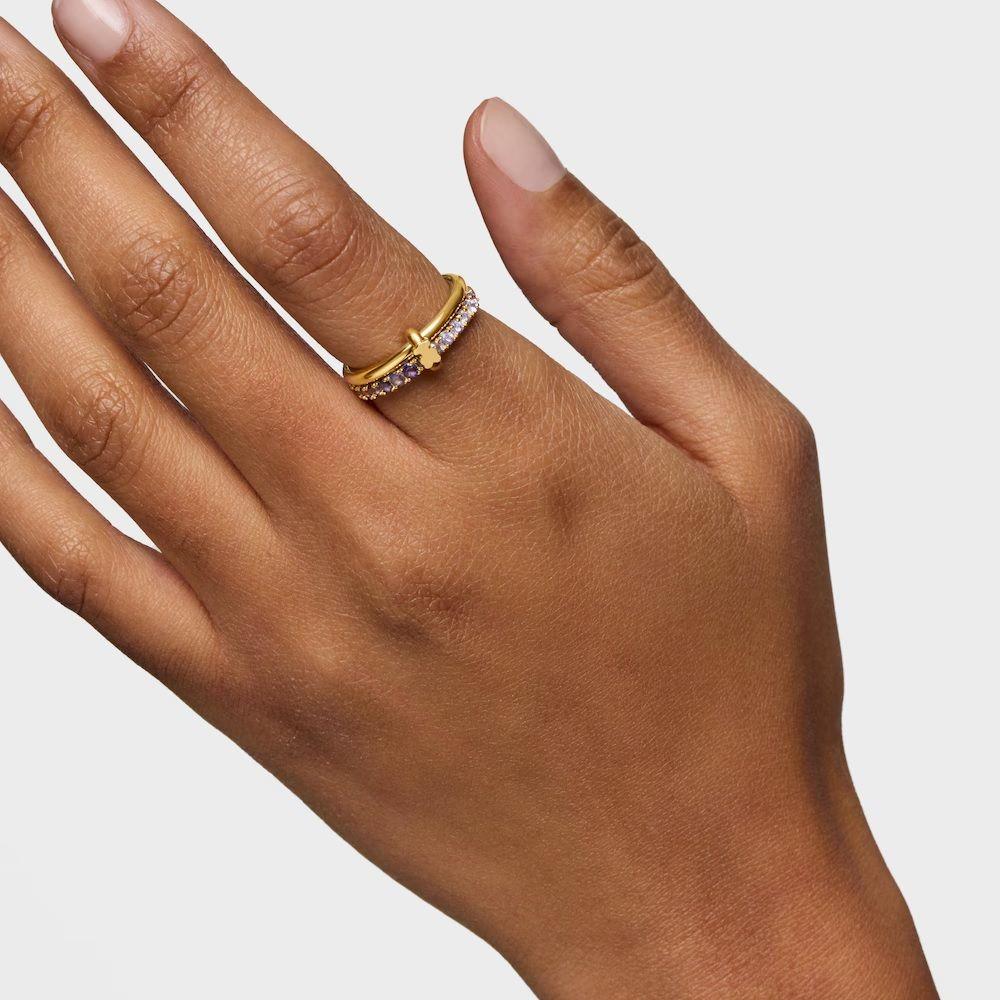 Anillo doble con baño de oro 18 kt sobre plata y gemas Straight-4