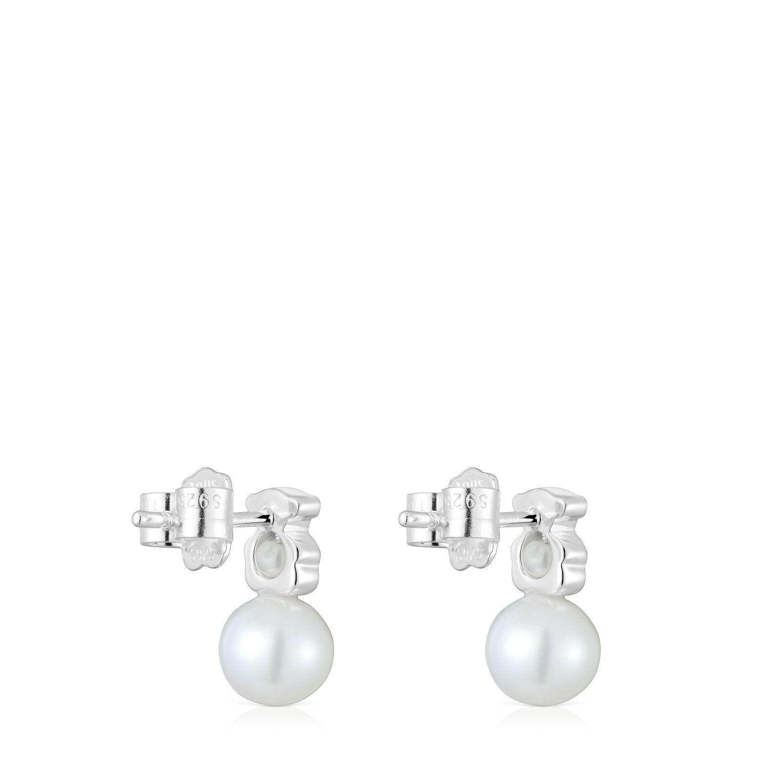 Aros pequeños oso de plata con perlas cultivadas I-Bear-2