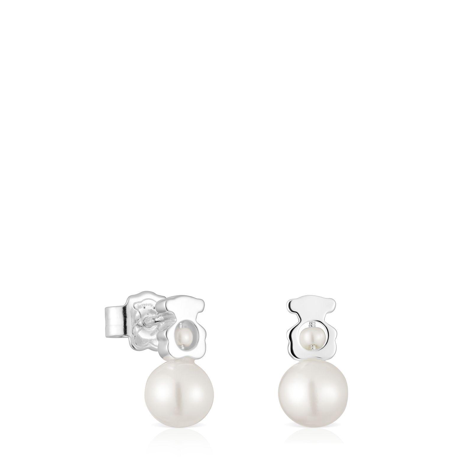 Aros pequeños oso de plata con perlas cultivadas I-Bear-3