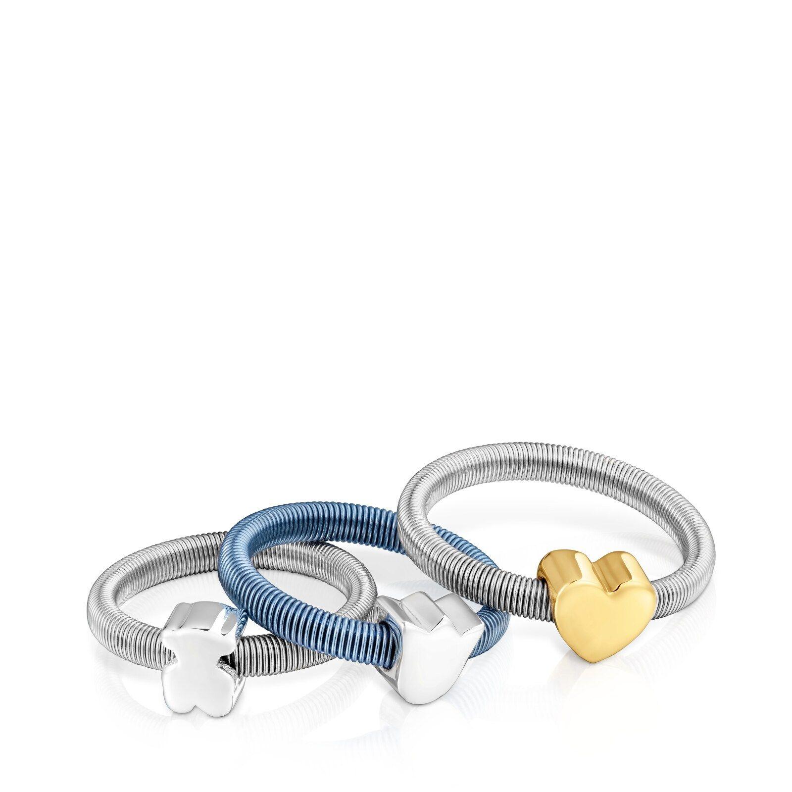 Pack de tres anillos de plata y plata bañada corazón, tulipa y oso TOUS Mesh Tube-2