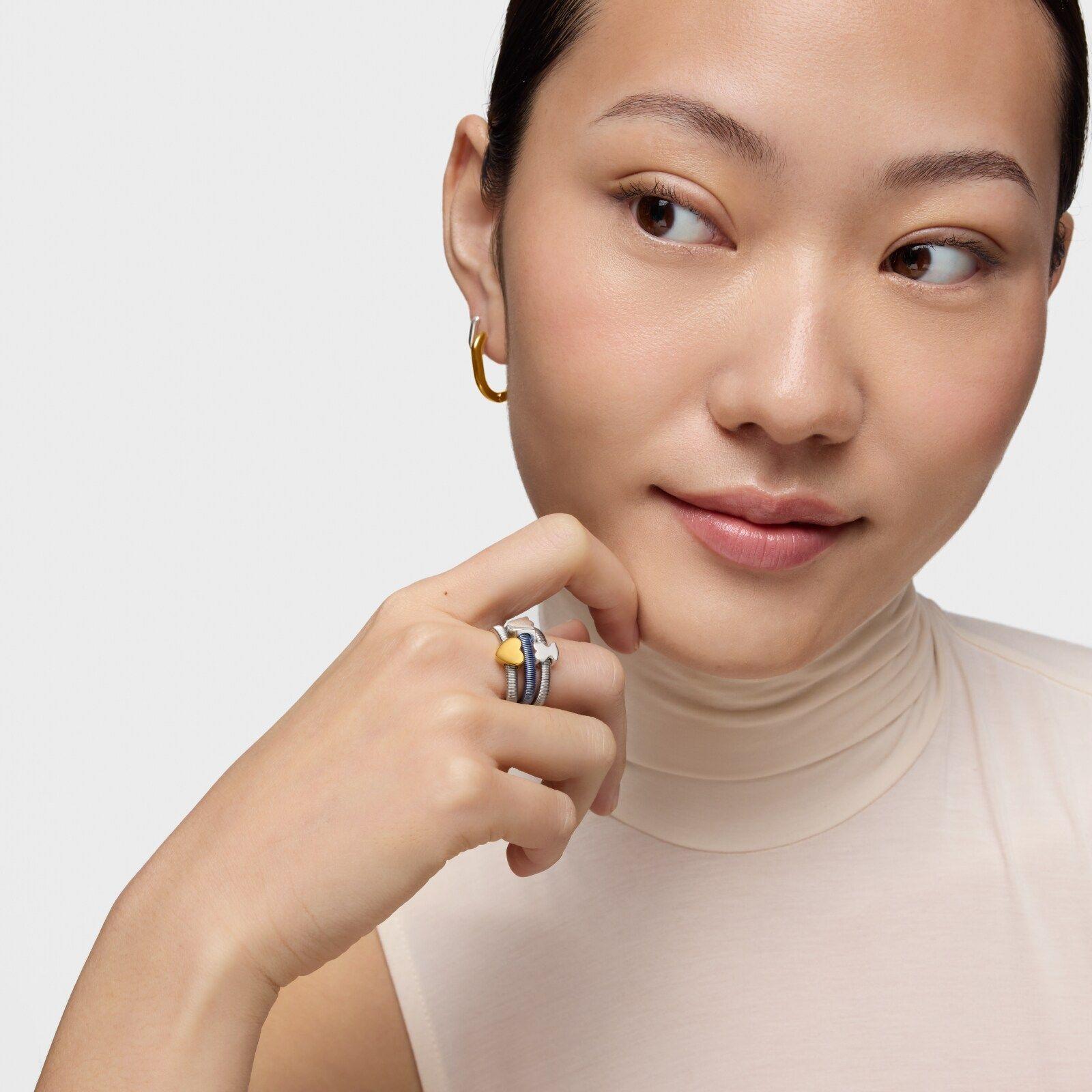 Pack de tres anillos de plata y plata bañada corazón, tulipa y oso TOUS Mesh Tube-3