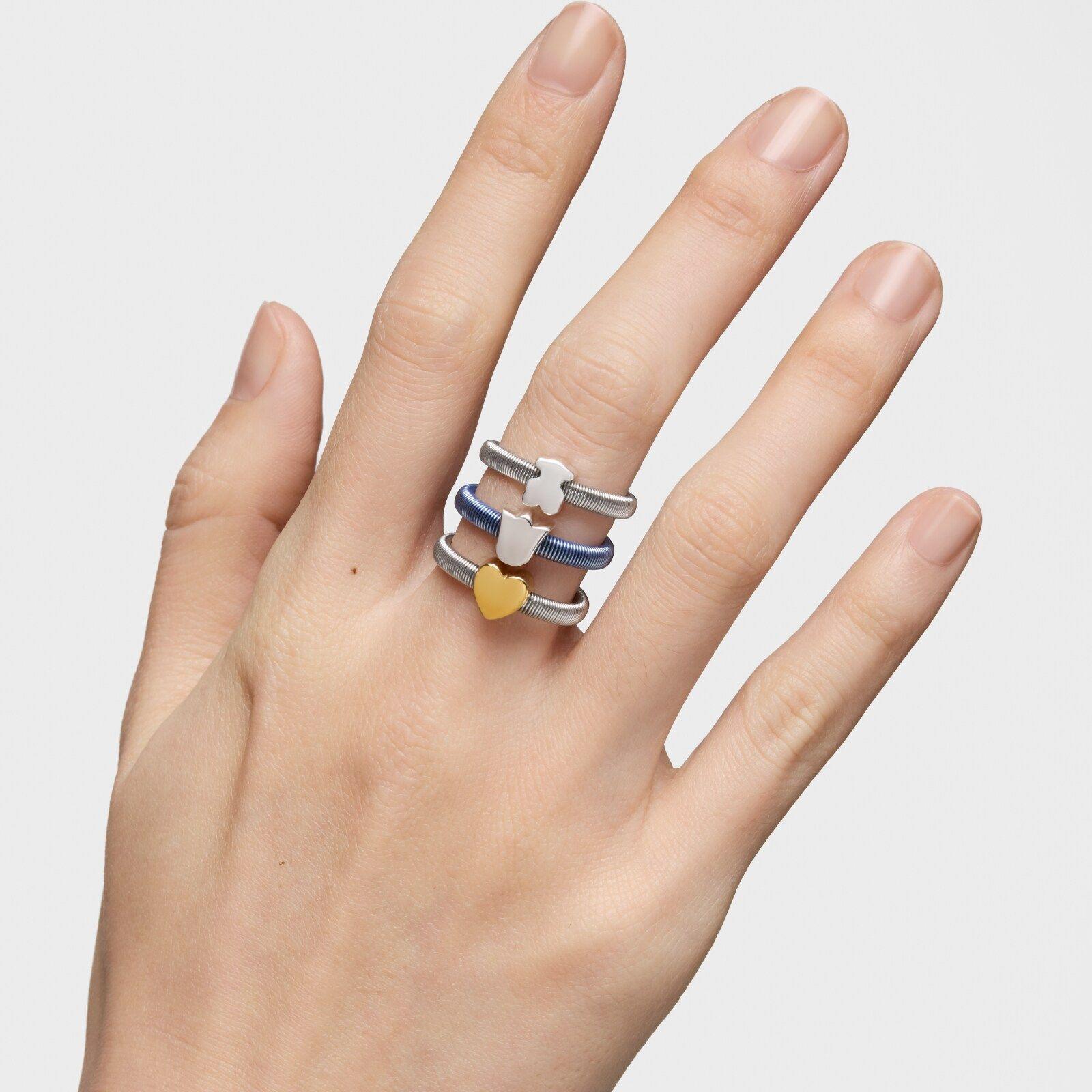 Pack de tres anillos de plata y plata bañada corazón, tulipa y oso TOUS Mesh Tube-4