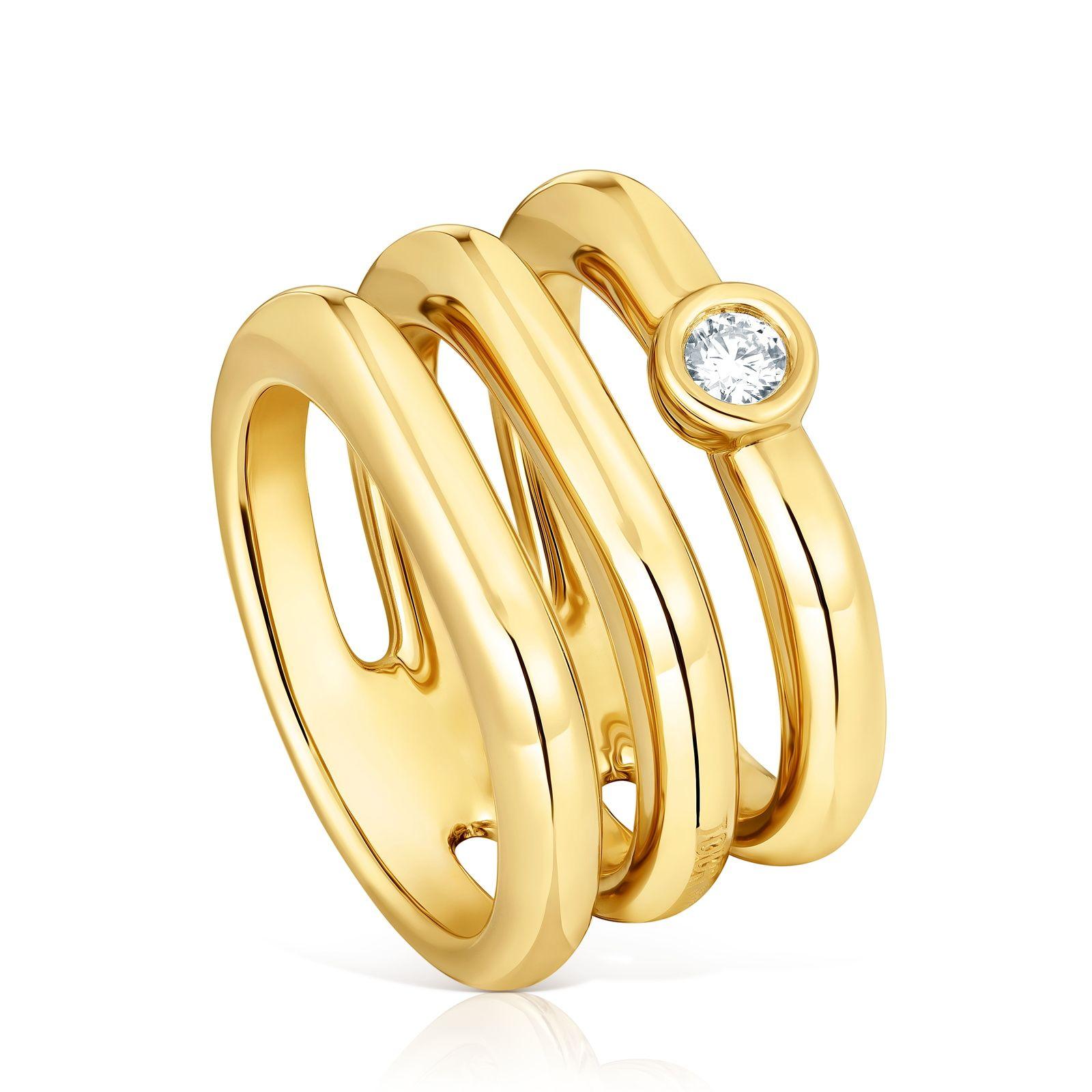 Anillo triple en plata con baño de oro 18 kt y diamante LGD-0