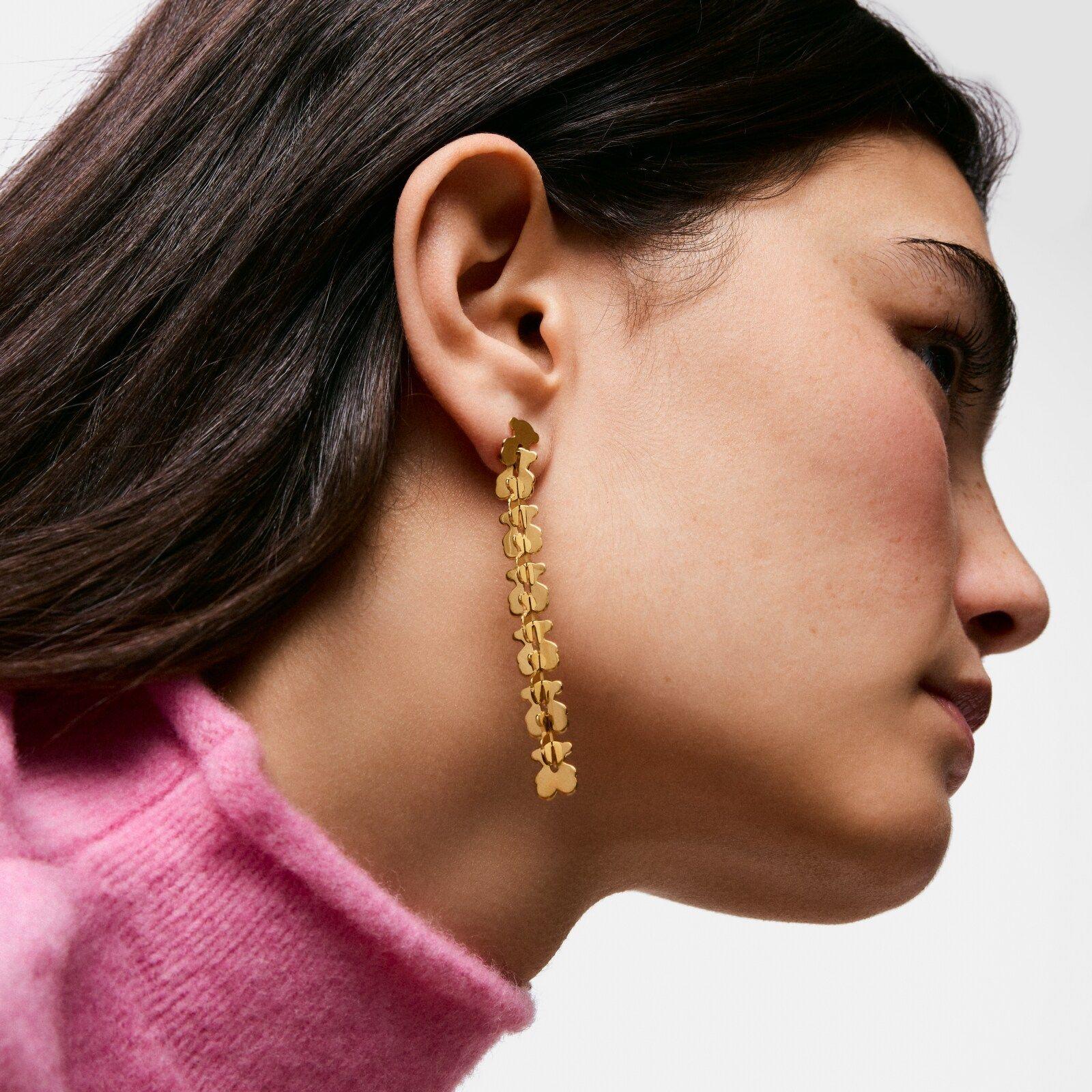 Pendientes largos de acero en color dorado oso Carrusel-4