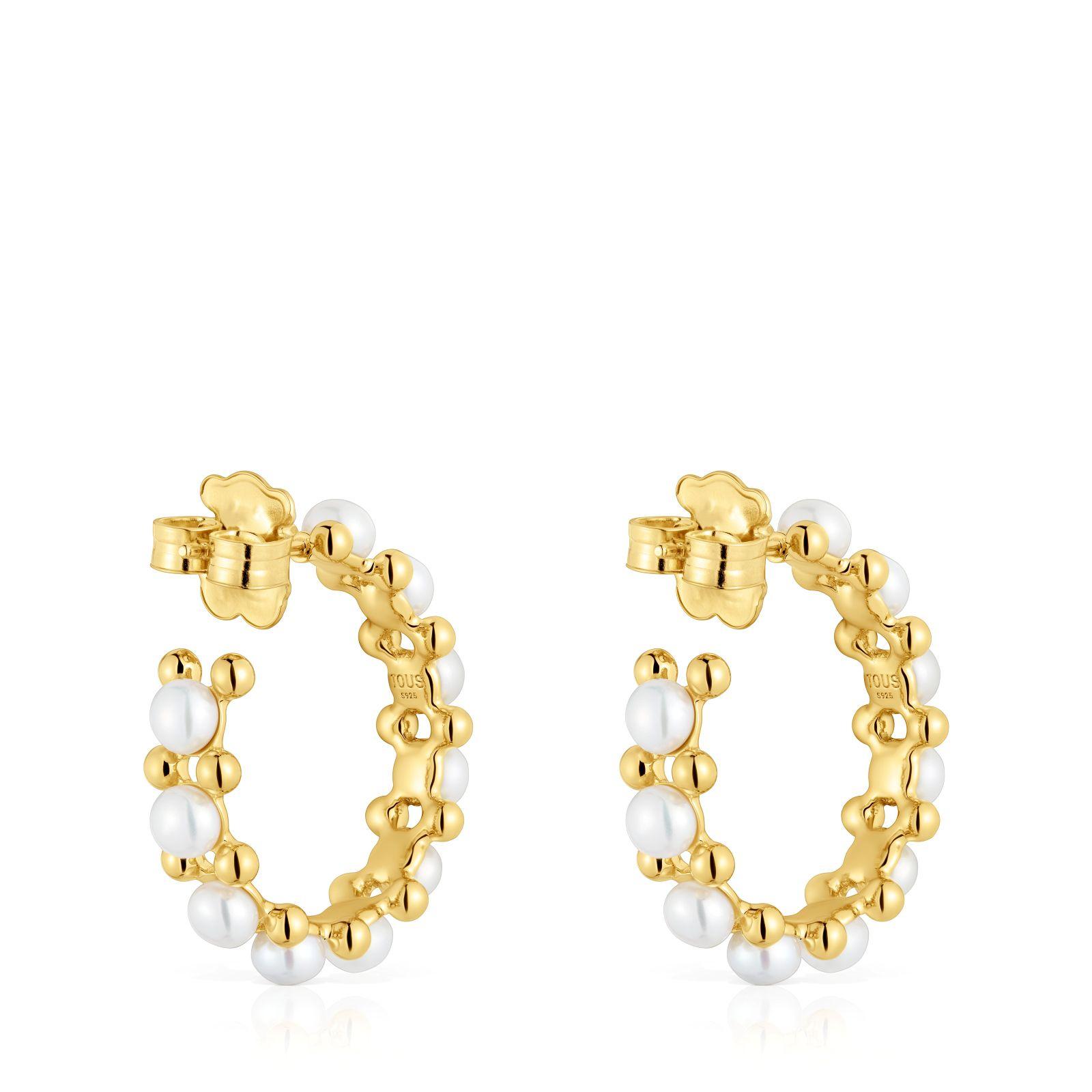aros triple con baño de oro de 18 kt sobre plata y perlas-2