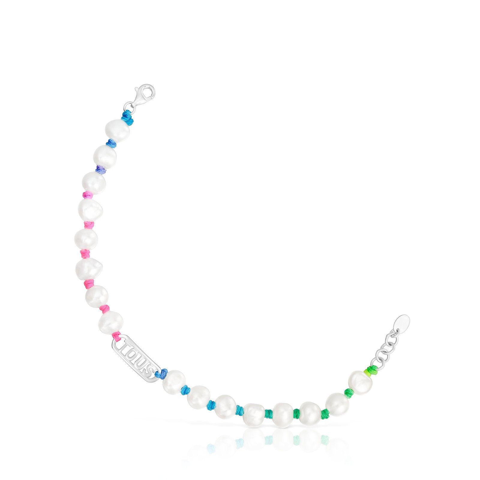 Pulsera de nylon multicolor, plata y perlas Logo Tous-0