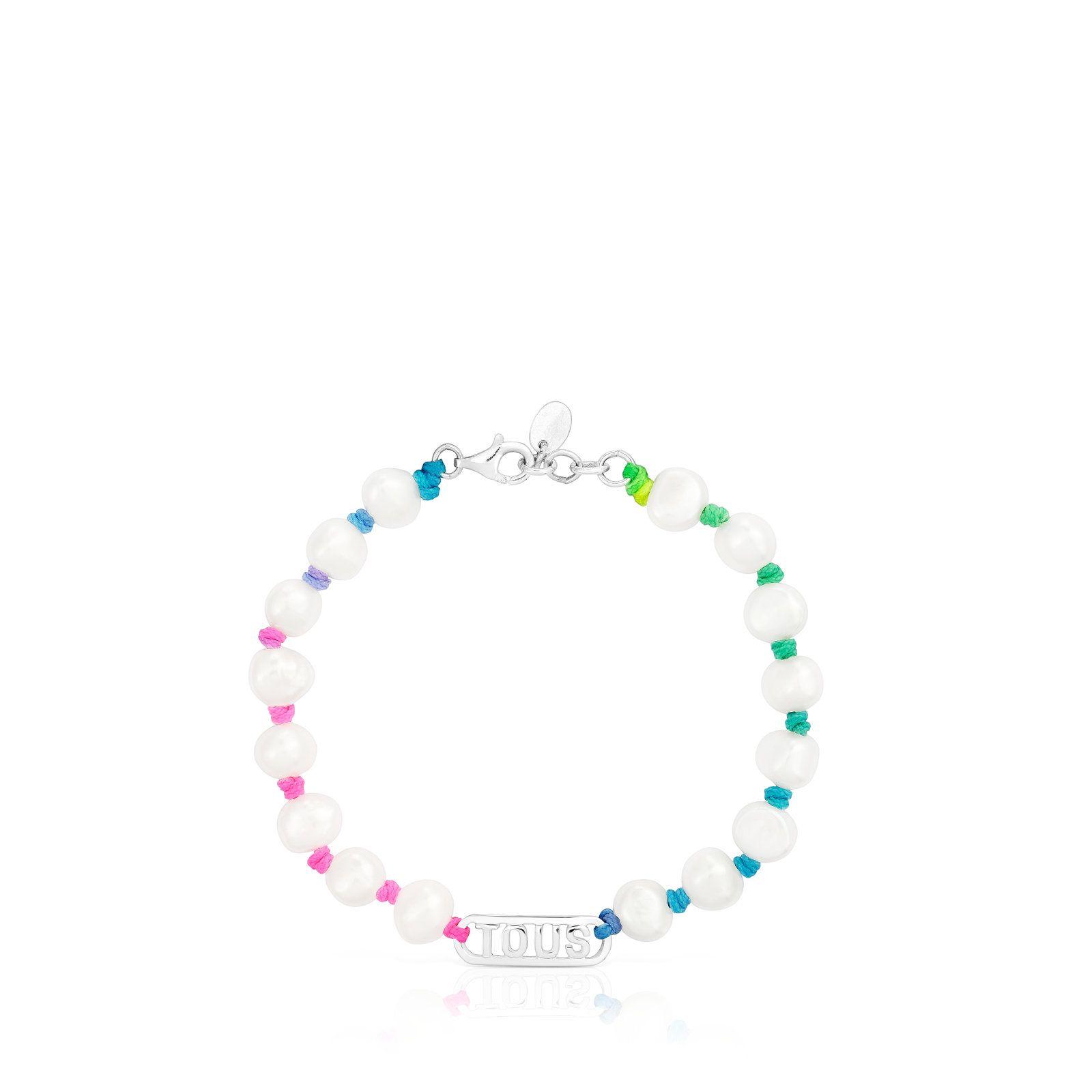 Pulsera de nylon multicolor, plata y perlas Logo Tous-1
