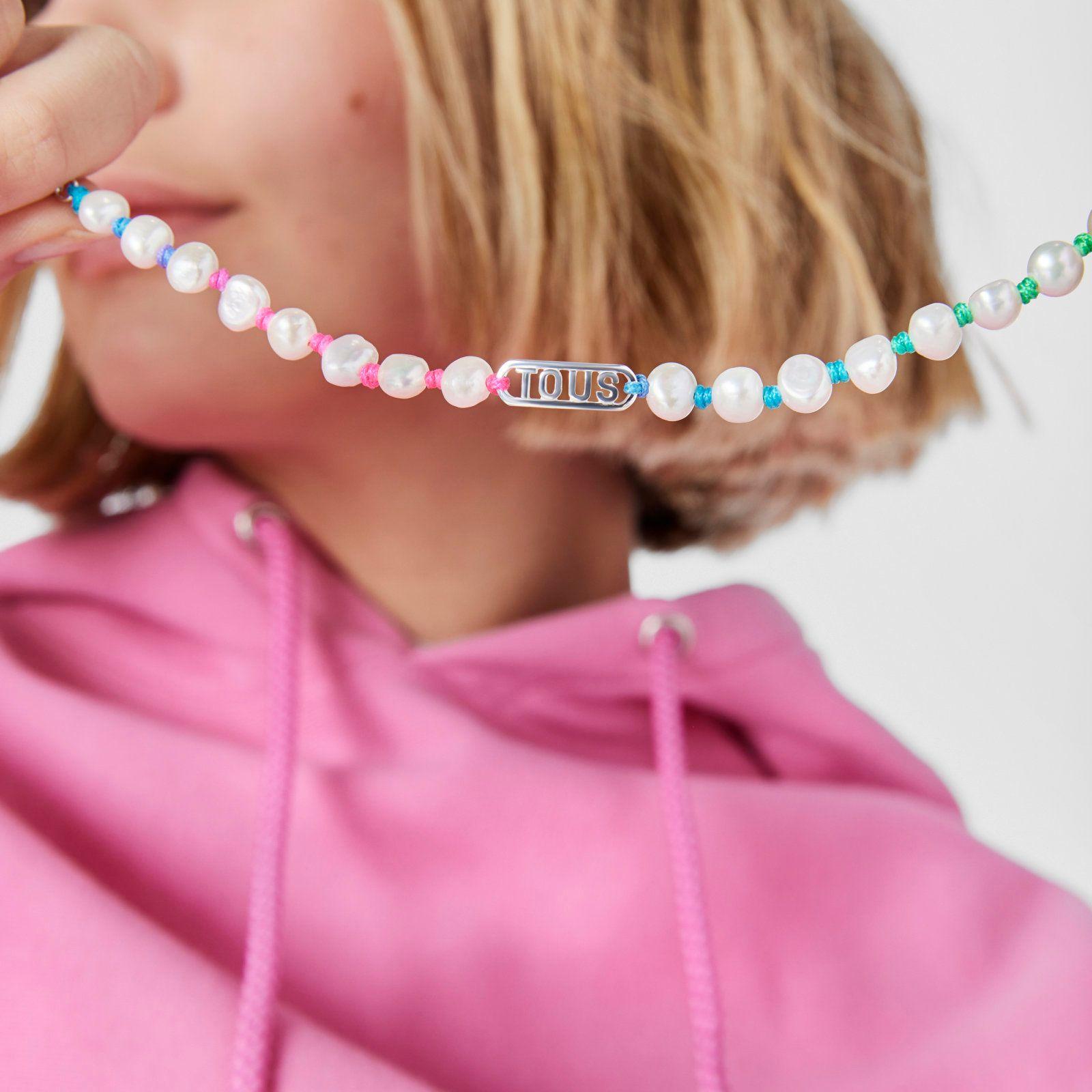 Pulsera de nylon multicolor, plata y perlas Logo Tous-4