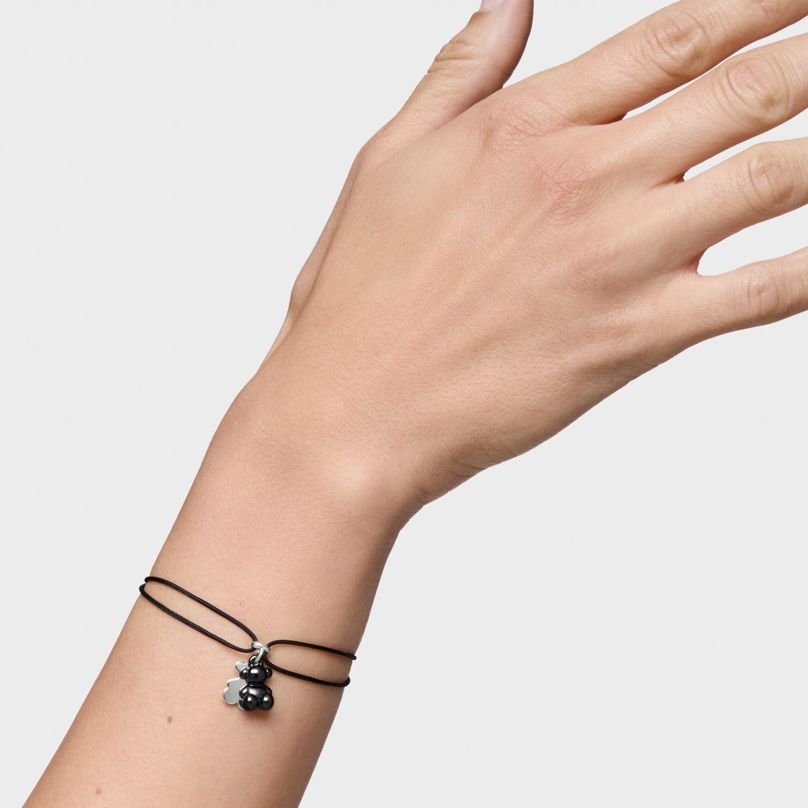 Pulsera doble oso plata con cerámica y nylon negro Bold Bear-6