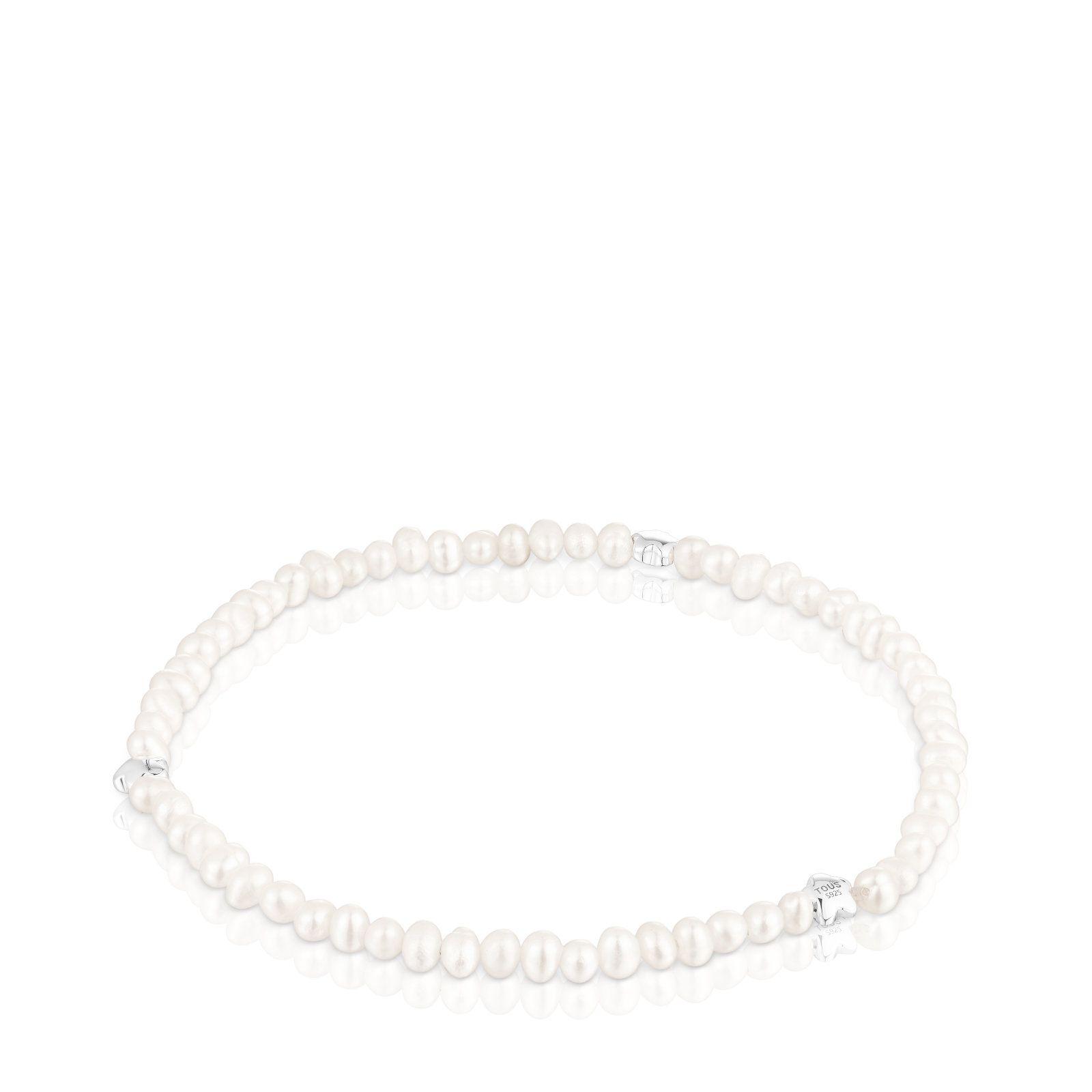 Pulsera elástica con perlas y flor de plata Bold Motif-2