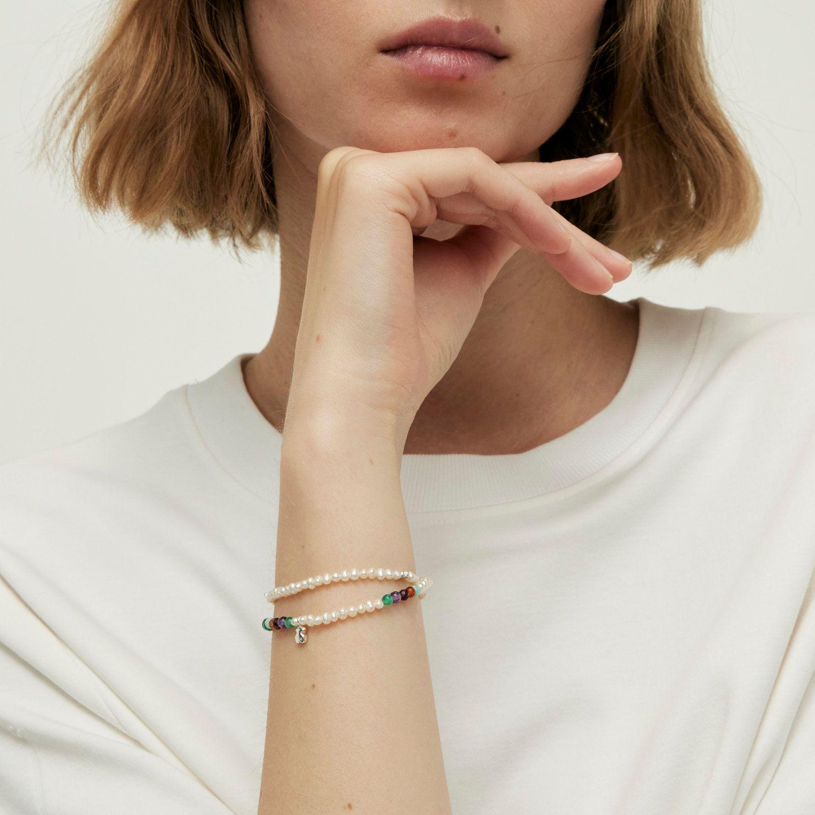 Pulsera elástica gemas, perlas, oso de plata Bold Motif-4