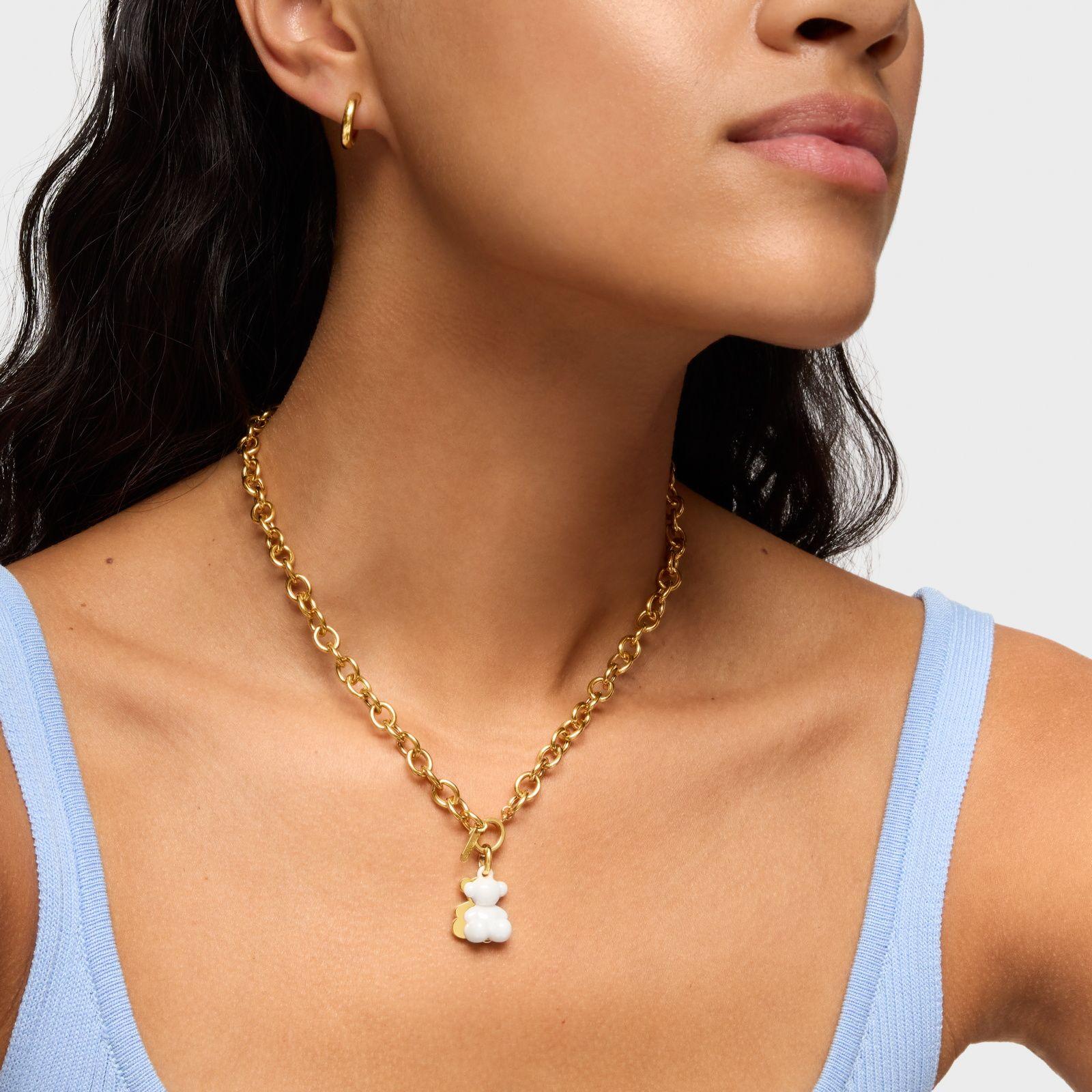 Colgante doble oso con baño de oro 18 kt sobre plata y cerámica blanca Bold Bear-6