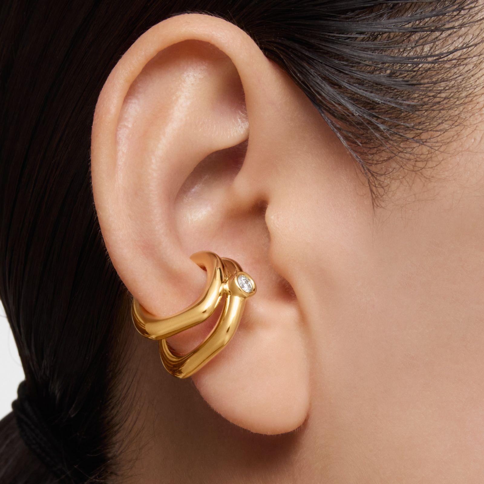 Earcuff 2 aros, oro 18 kt, plata y diamante LGD-5