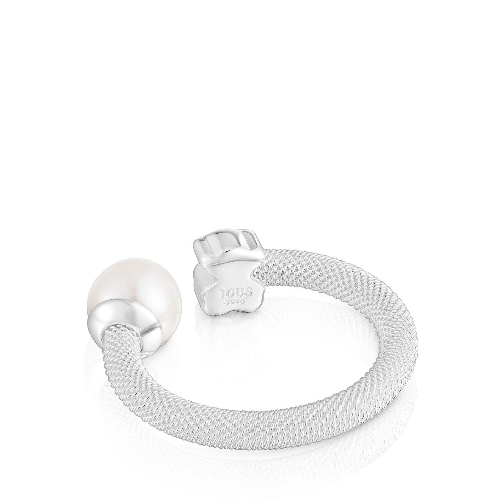 Anillo abierto de plata y perla cultivada Icon Mesh-2