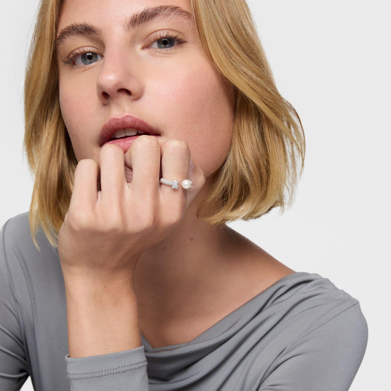 Anillo abierto de plata y perla cultivada Icon Mesh-3