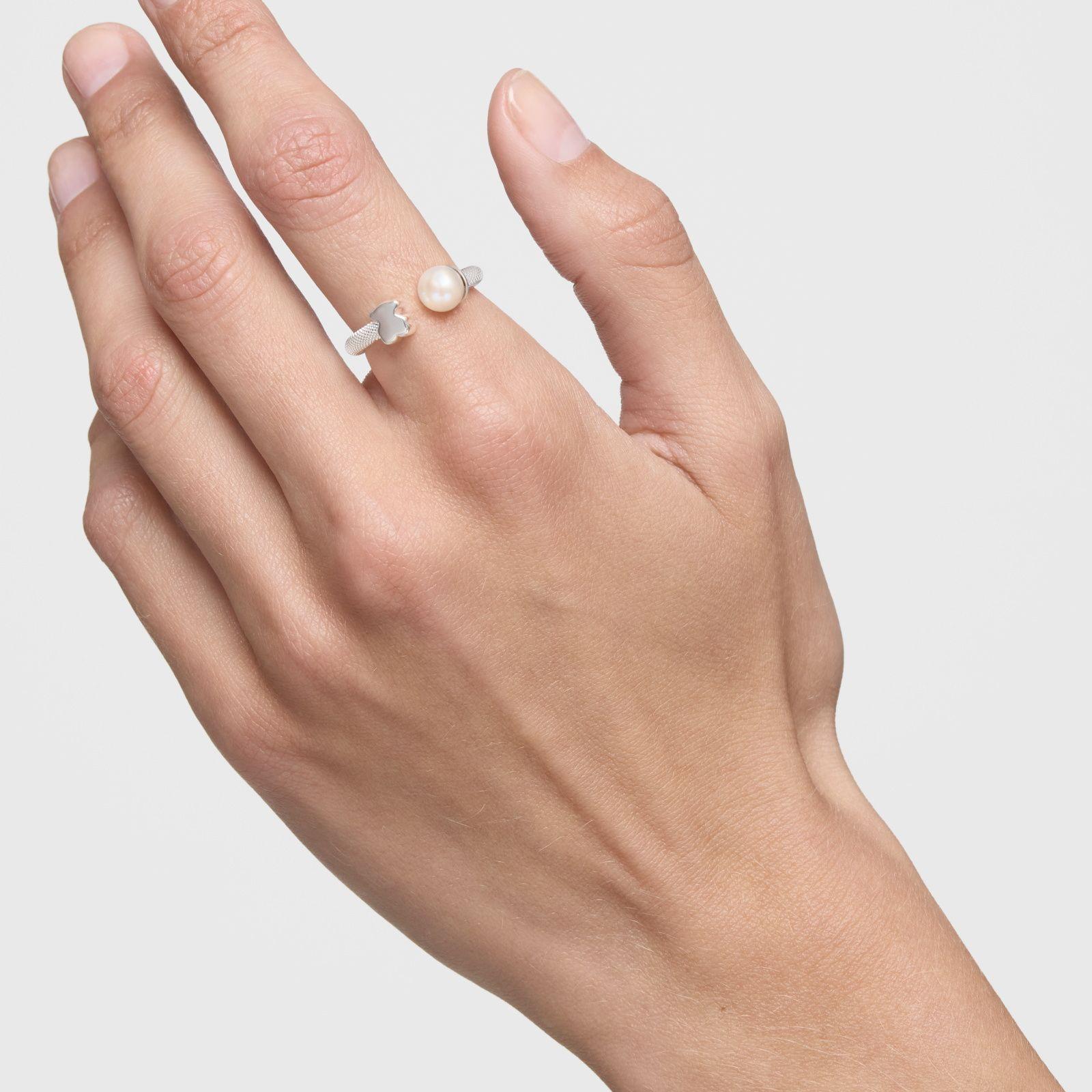 Anillo abierto de plata y perla cultivada Icon Mesh-4