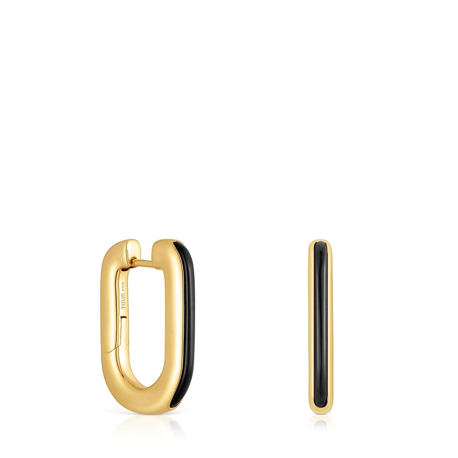 Aros de aro con baño de oro 18 kt sobre plata y ónix Line-0