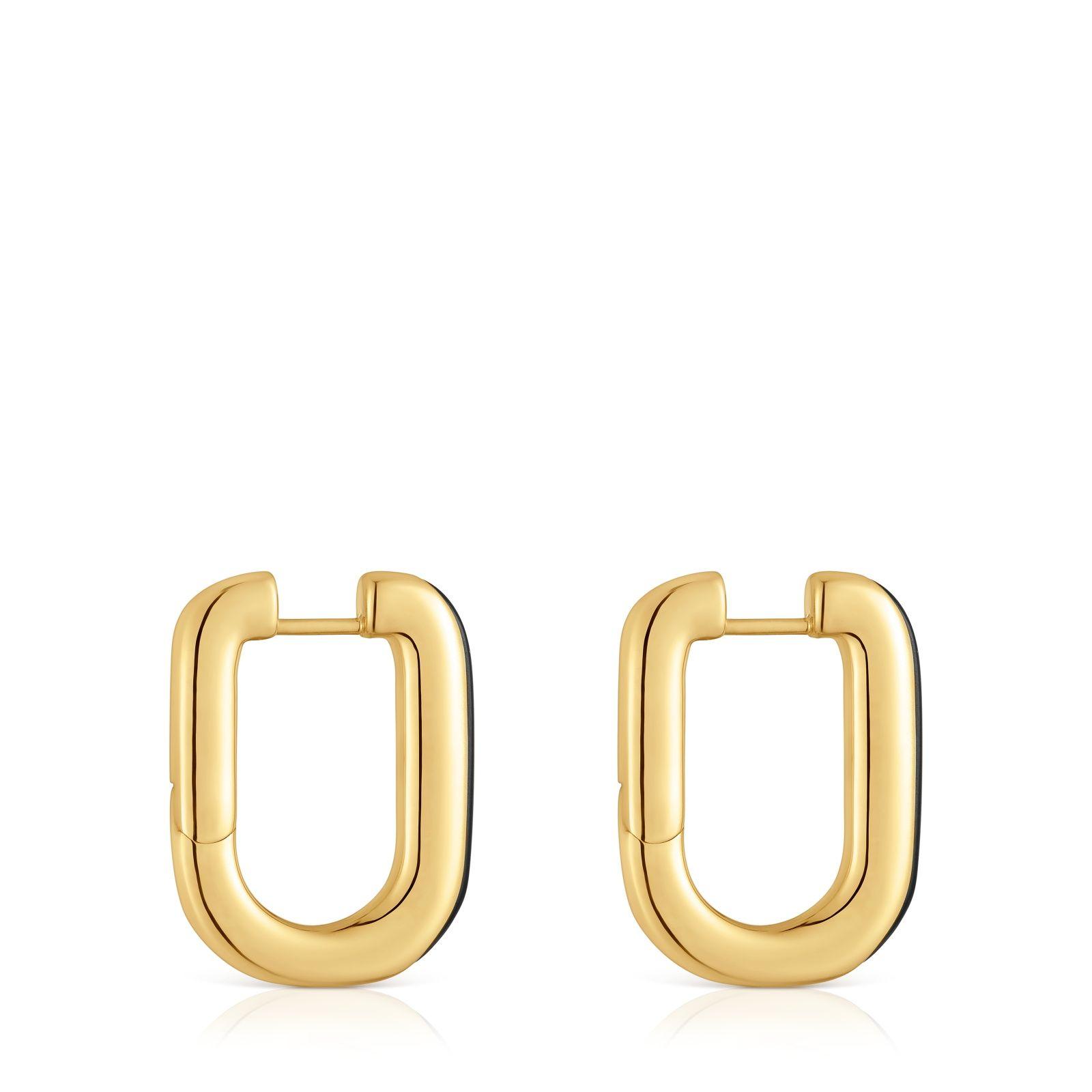 Aros de aro con baño de oro 18 kt sobre plata y ónix Line-1