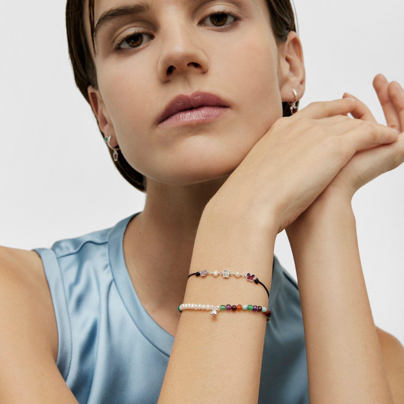 Pulsera de cordón, plata, gemas y perlas Bold Motif-5