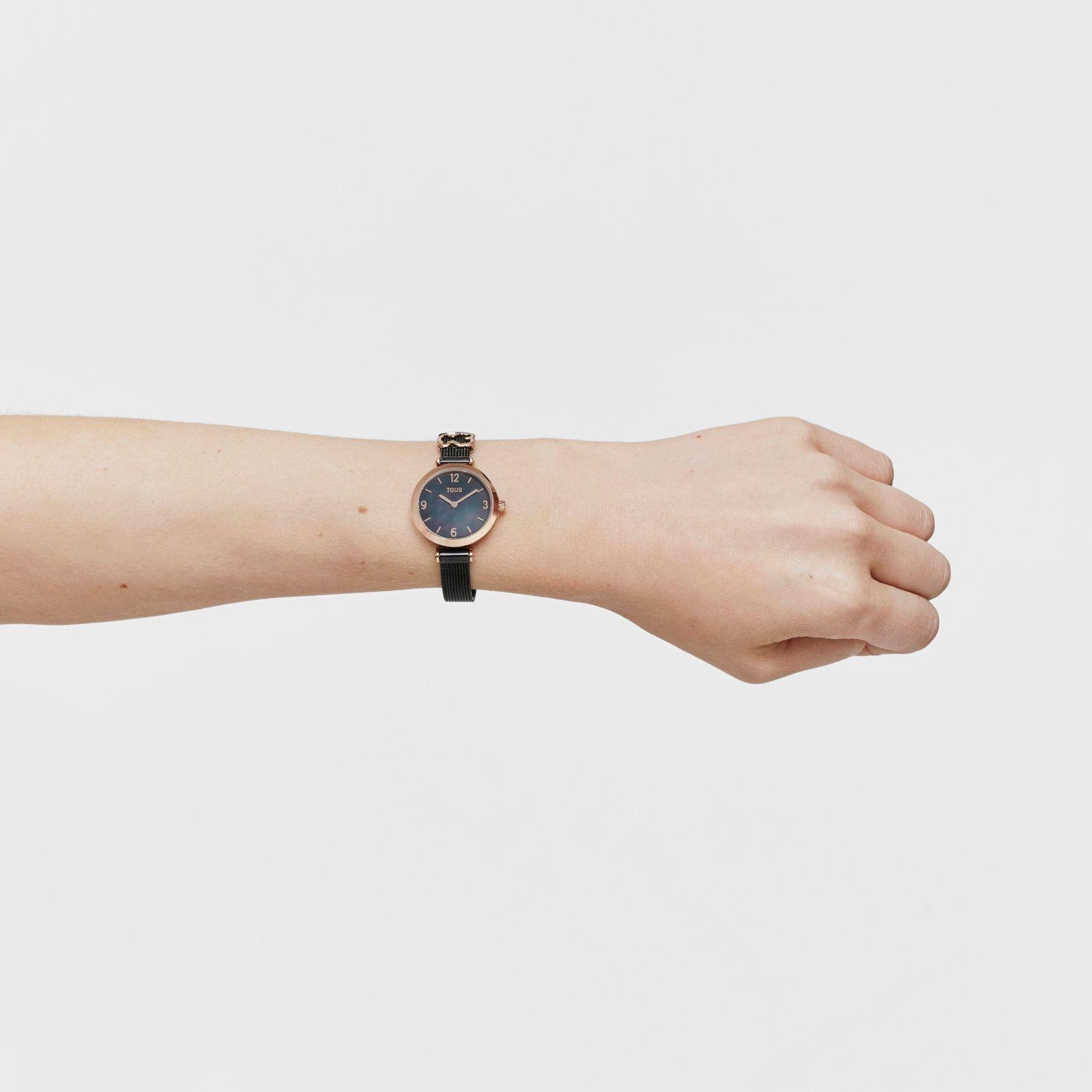 Reloj analógico con brazalete de acero IP negro y acero IPRG rosa Icon Charms-3