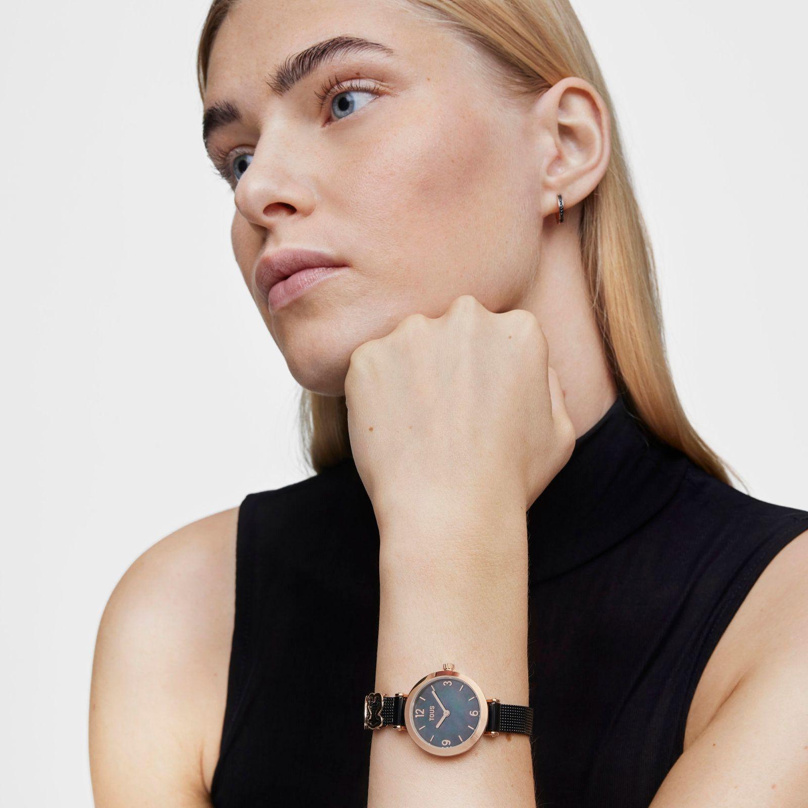 Reloj analógico con brazalete de acero IP negro y acero IPRG rosa Icon Charms-4